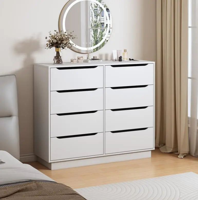 8 Drawers White Dresser for Bedroom, Modern Wood Chest of Drawers 8 Drawer Dresser with Groove Handles, for Living Room, Closet,