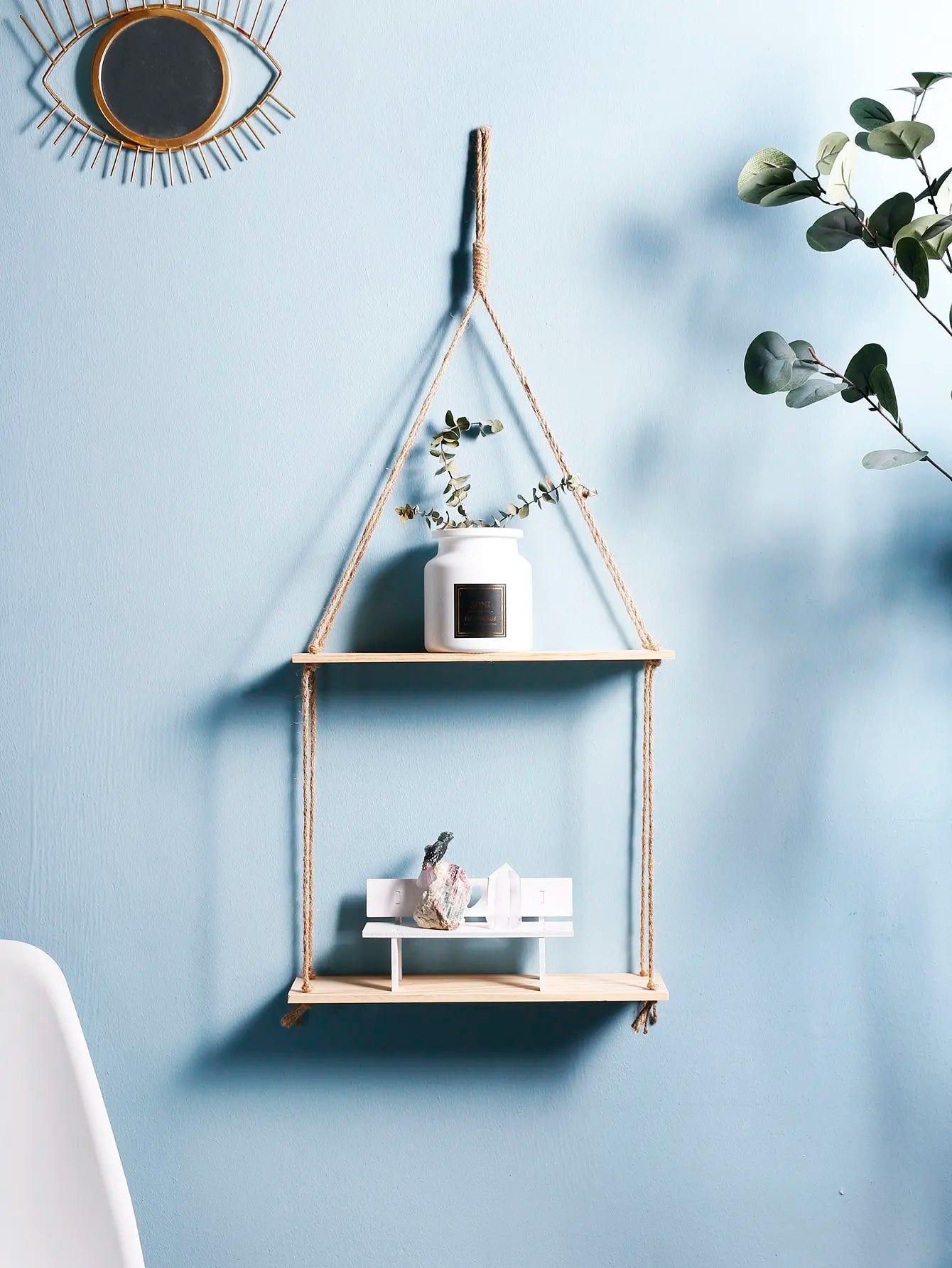 Macrame Hanging Shelf Wall Decor Handmade Rope Rustic Wood Floating Wall Shelf Display Stand Corner Wall Shelf For Photos Plant