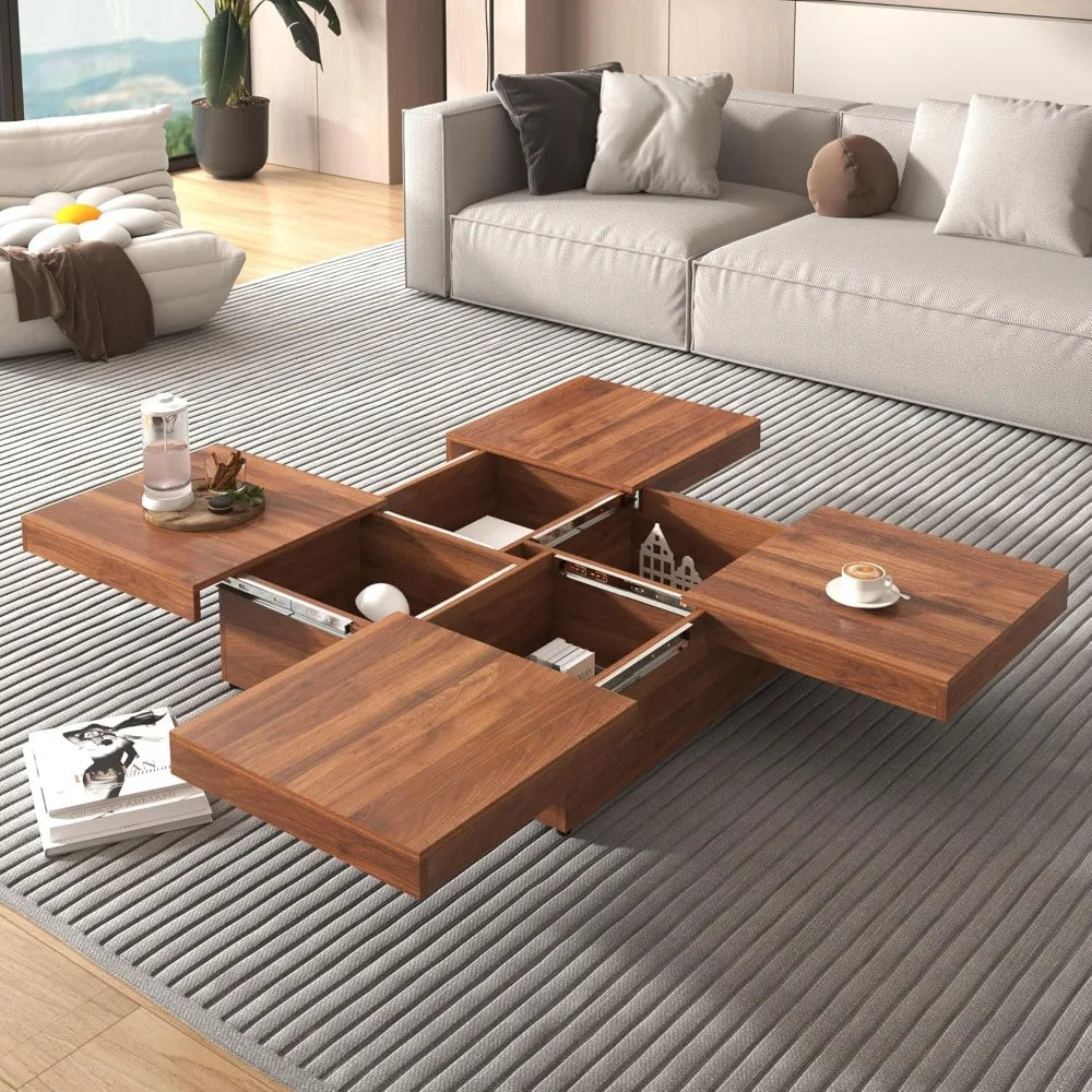 Modern Marble-Veneer Coffee Table with Sliding Top & Hidden Storage