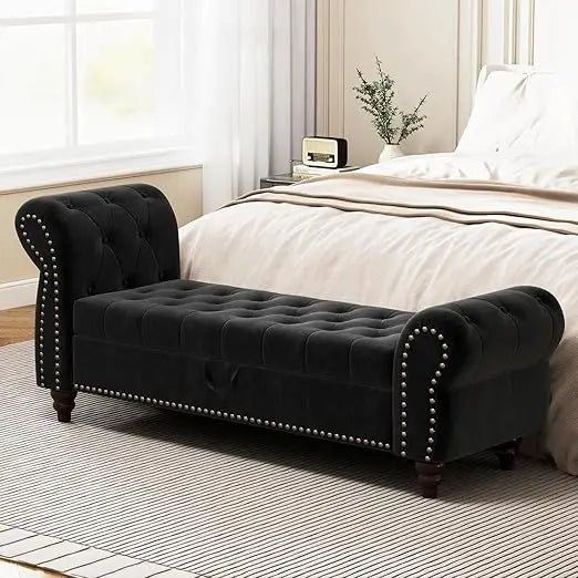 Mid-Century Velvet Storage Ottoman Bench – Black Tufted with Rolled Arms