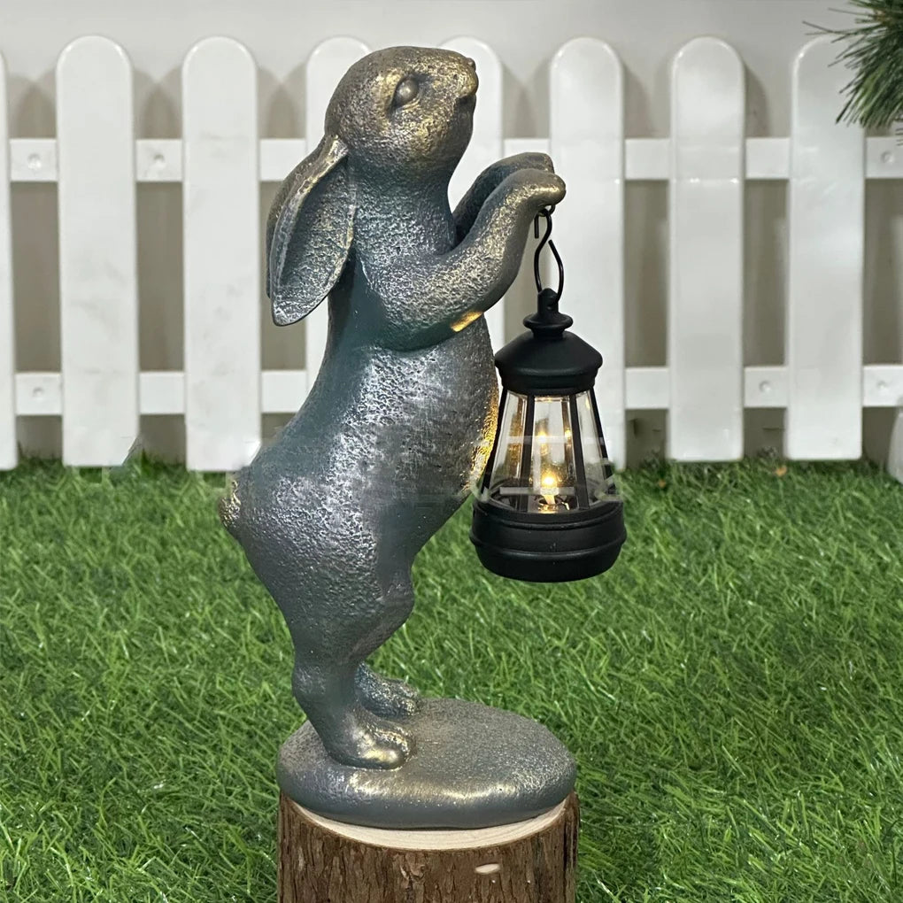 Garden Statues Rabbit with Solar Lantern Outdoor Bunny Figurines Decorations for Patio Yard Lawn Ornaments Gifts