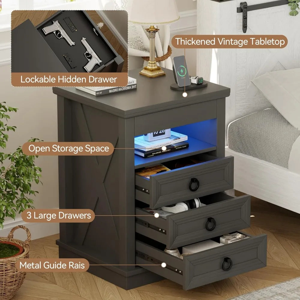 Farmhouse Nightstand with Gun Drawer | Human Sensor LED Bedside Table