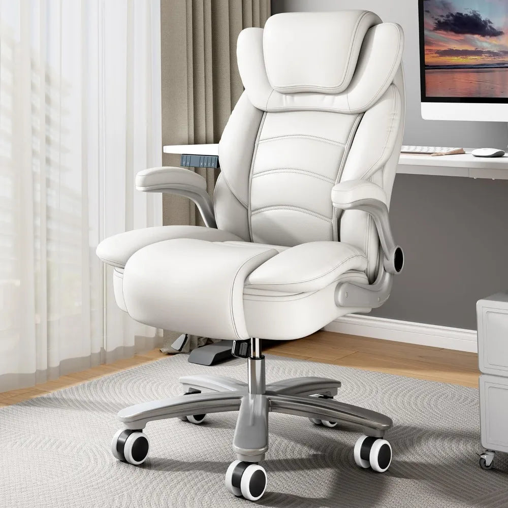 GYI Big and Tall Office Chair 400lb Wide Seat, Ergonomic High Back Leather Executive Desk Chair with Flip-up Arms, White