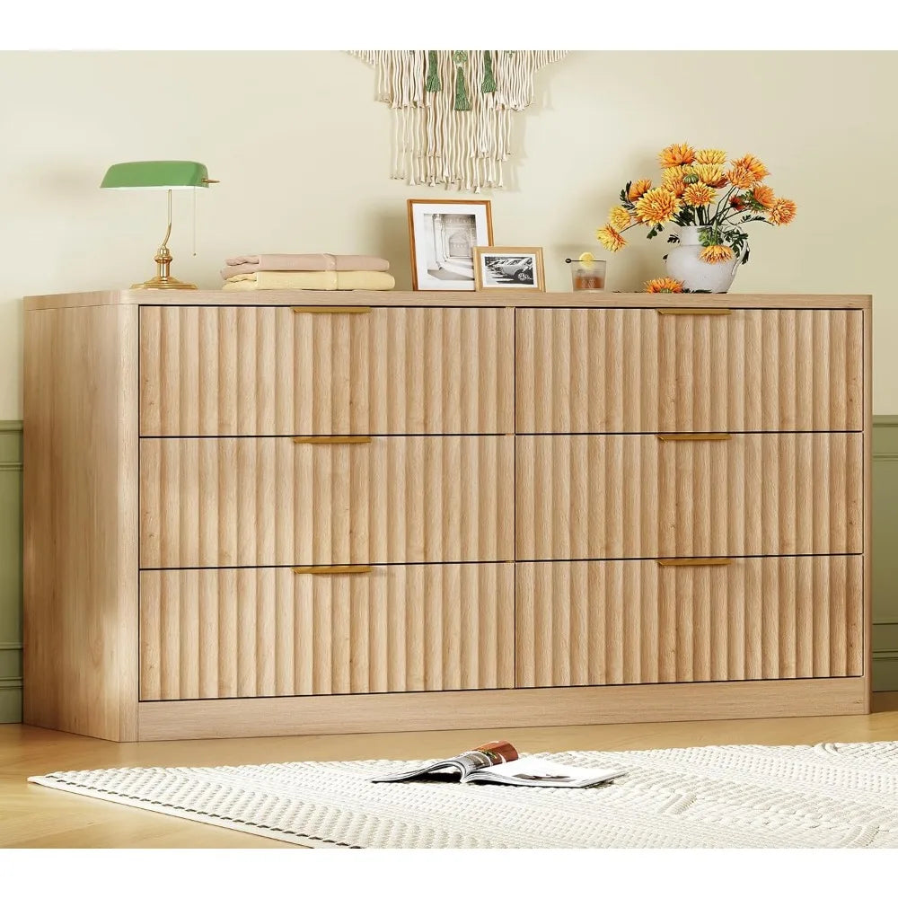 6 Drawer Dresser for Bedroom, Modern Chest of Drawers with Metal Handle, Curved Profile Design, Wood Closet Clothes