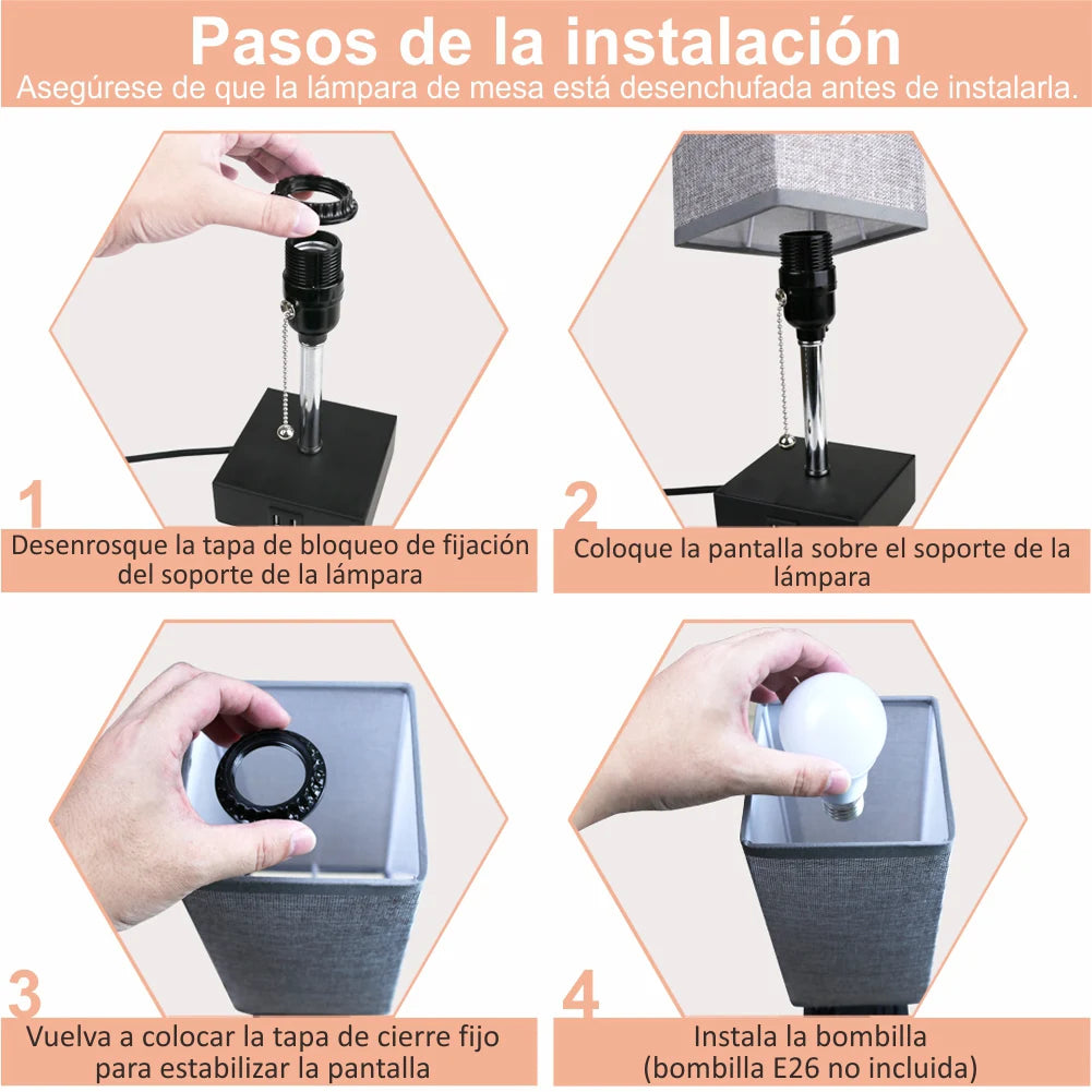 Pull Chain Table Lamp Grey Bedroom Lamps with 3 Color Temperatures,Rechargeable Lamp with Dual USB Ports for Table,Living Room