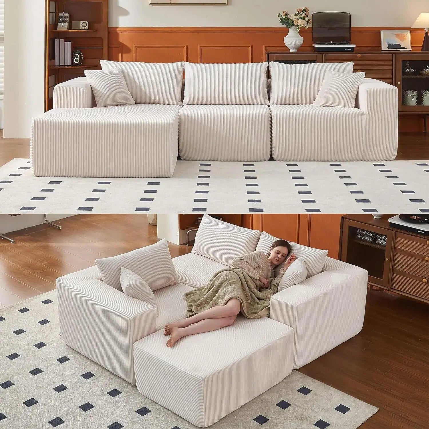 Modern Corduroy L-Shaped Sectional Sofa with Ottoman 108' Modular Couch for Living Room Bedroom Home Office