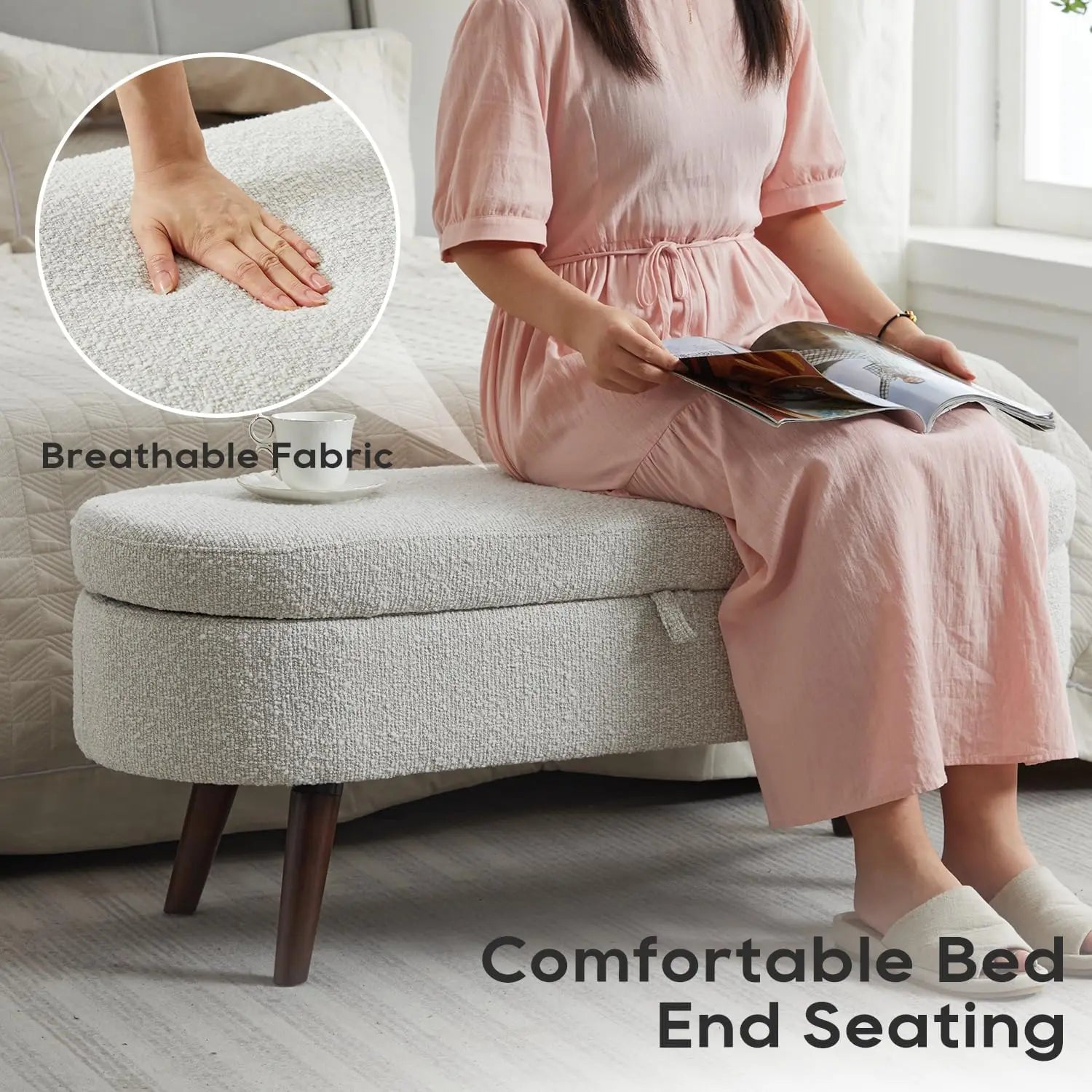 Bouclé Storage Ottoman Bench – 43.8″ Oval Flip-Top with Wood Legs