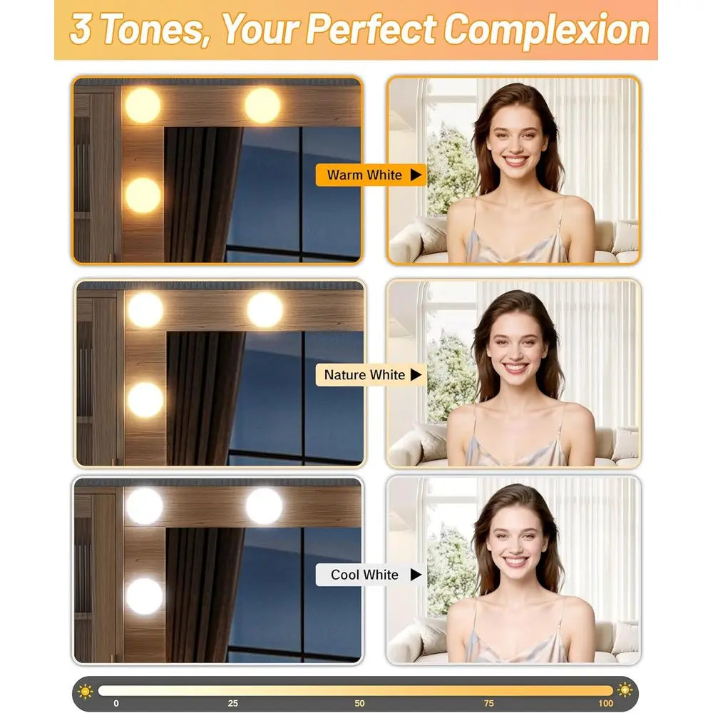 LED-lit 30.1 Mirror Vanity Desk with 8 Drawers, Glass Top, Power Outlet, Natural Oak Makeup Table for Bedroom