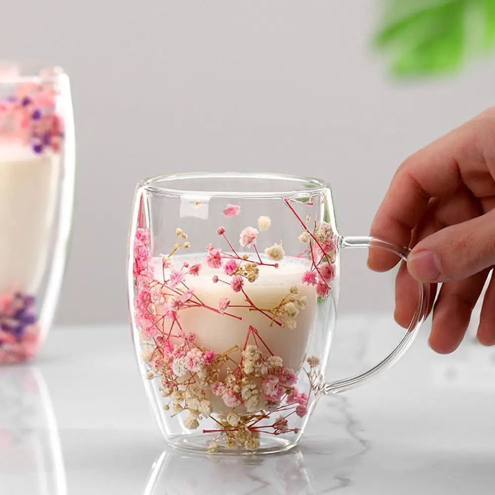 350ml Dried Flowers Glass Mugs with Handle Simple Elegant Double Wall Glass Cup Creative Heat Resistant Coffee Mug Home&Office