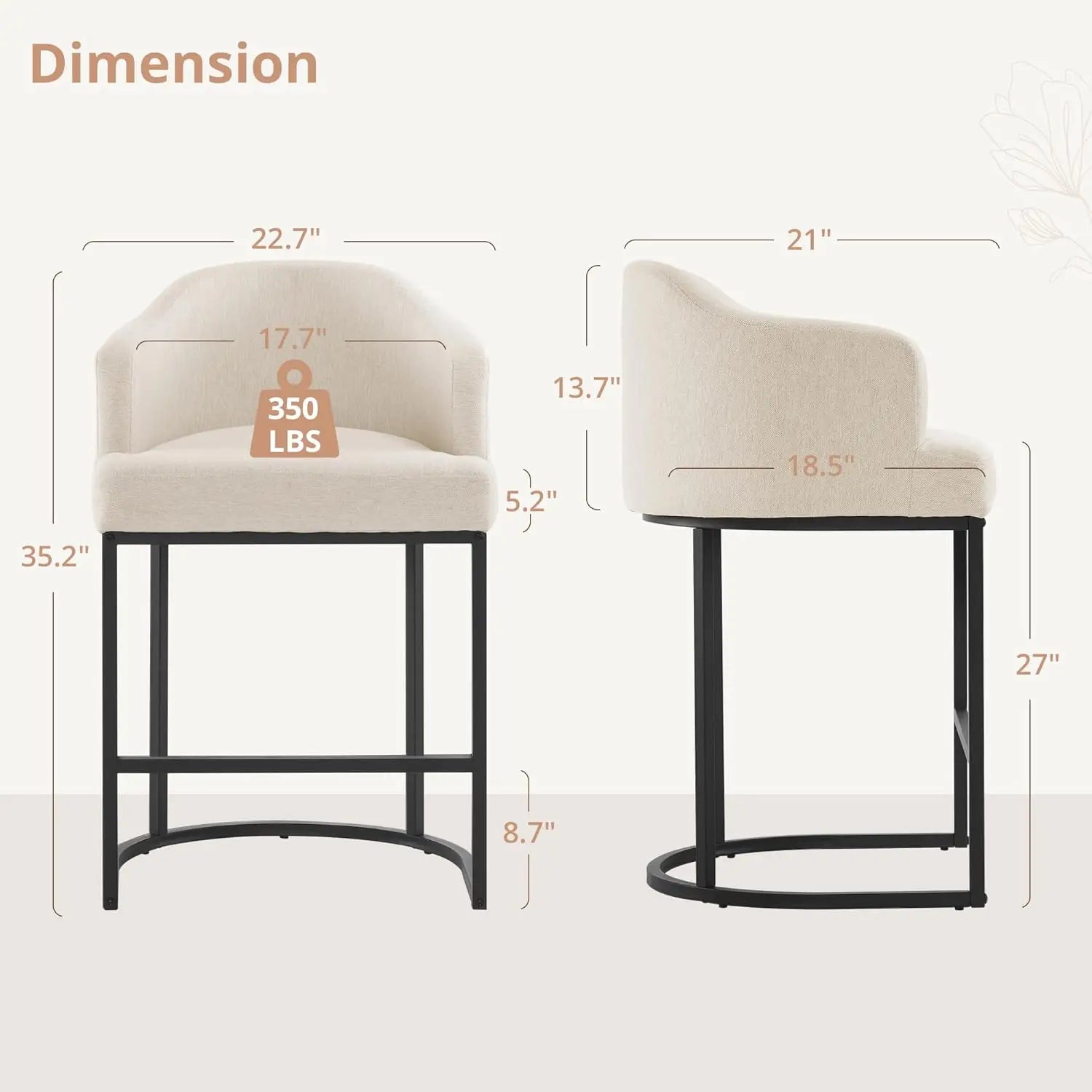 27″ Counter-Height Bar Stools – Modern Stools with Curved Back & Arms (Set of 3)