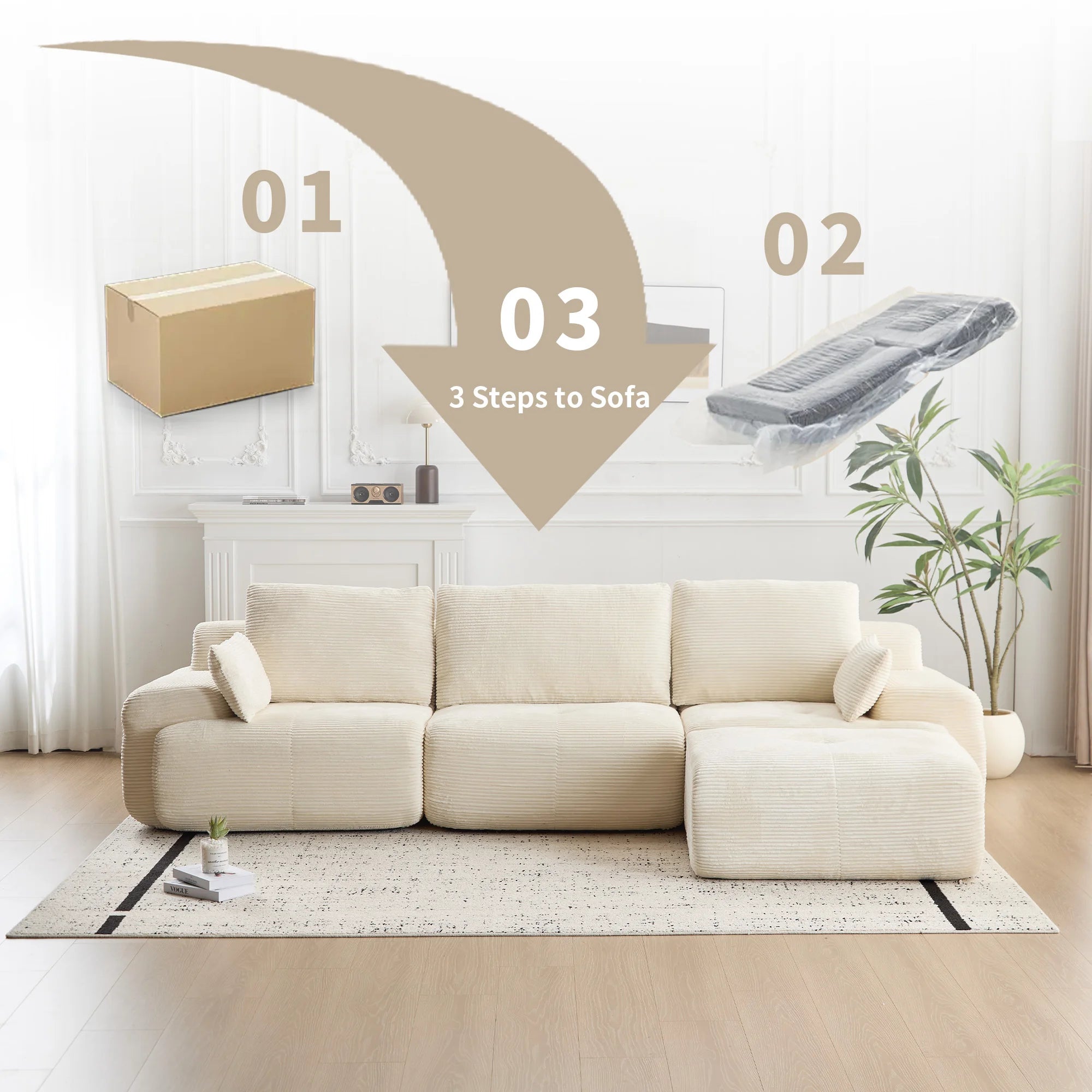 Modern Memory Foam Compressed Sofa,Large Sectional Couches for Living Room,Corduroy No Assembly Sofa,Deep Seat Loveseat Sofa