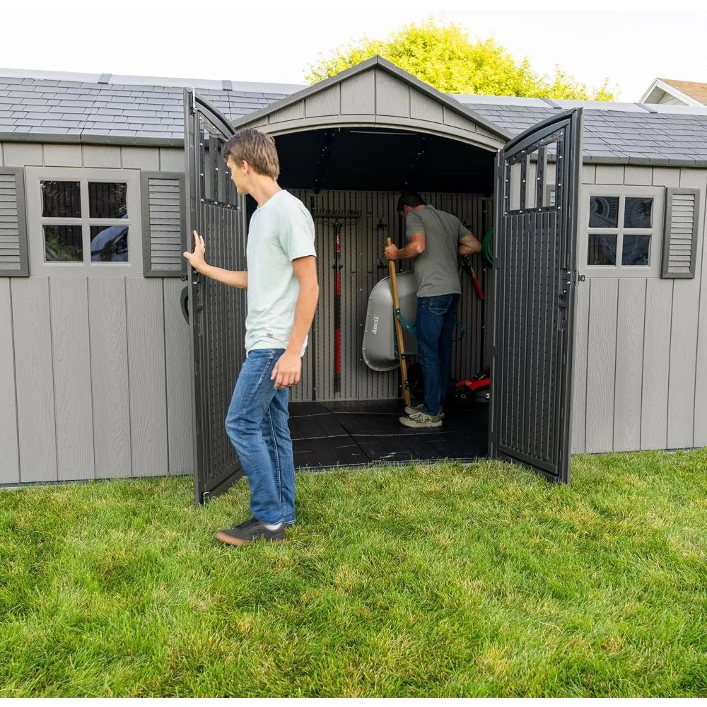 20x8 Ft Outdoor Storage Shed, Gray HDPE Construction, Steel-Reinforced Walls, Dual-Ewntry Design with Lockable Doors
