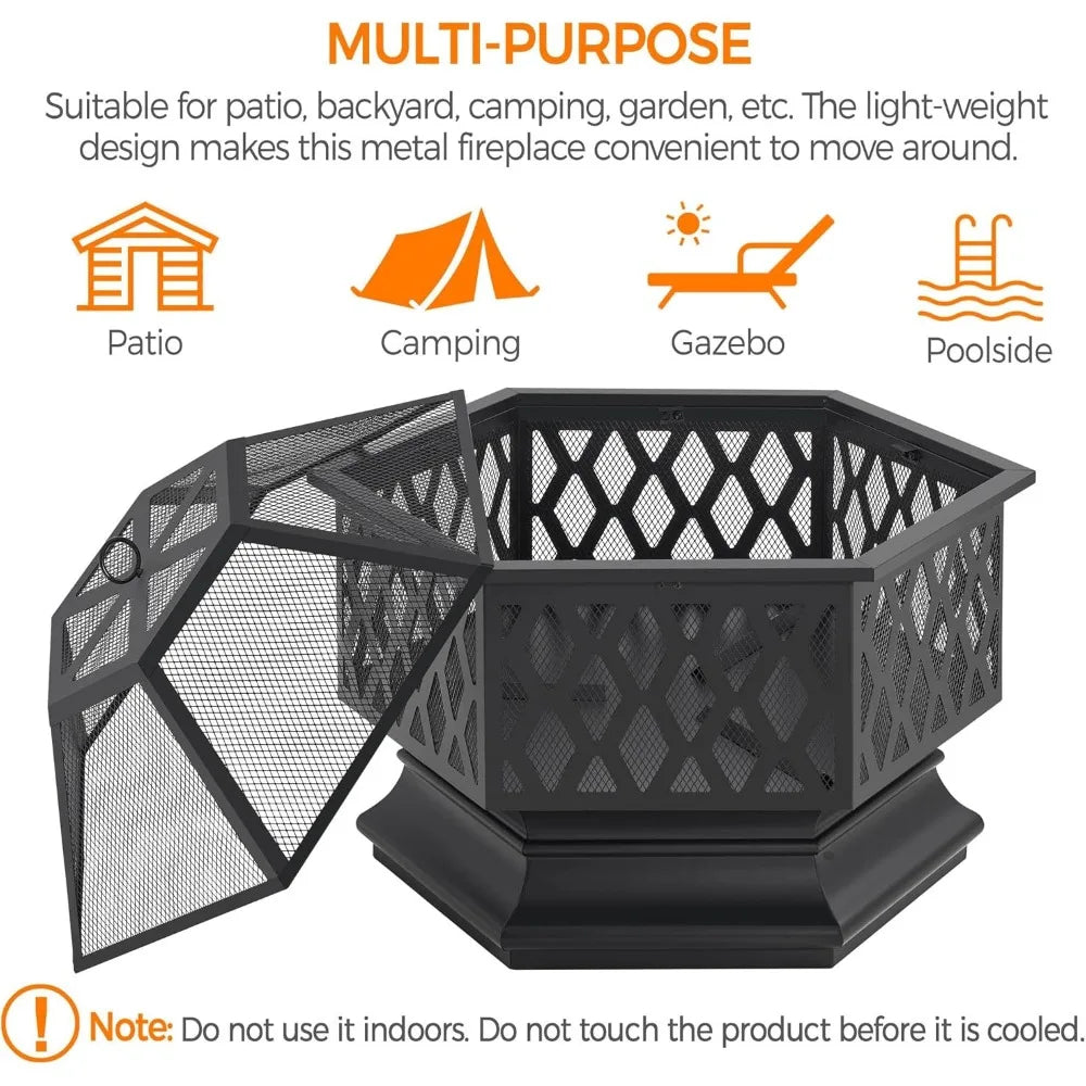 28in Hex Shaped Fire Bowl - Large Wood Burning Outdoor Fire Pit with Spark Screen & Poker for Bonfire, Picnic, BBQ