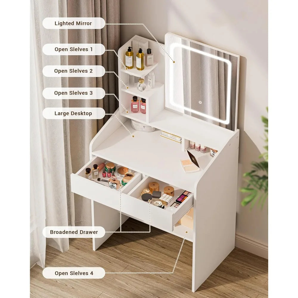 Vanity Desk with LED Mirror, Small Makeup Vanity with Open Shelves, Dressing Table for Bedroom, White