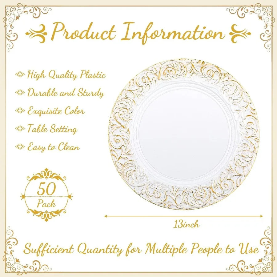 50PCS Antique Charger Plates – 13″ Embossed Rim Decorative Round Chargers