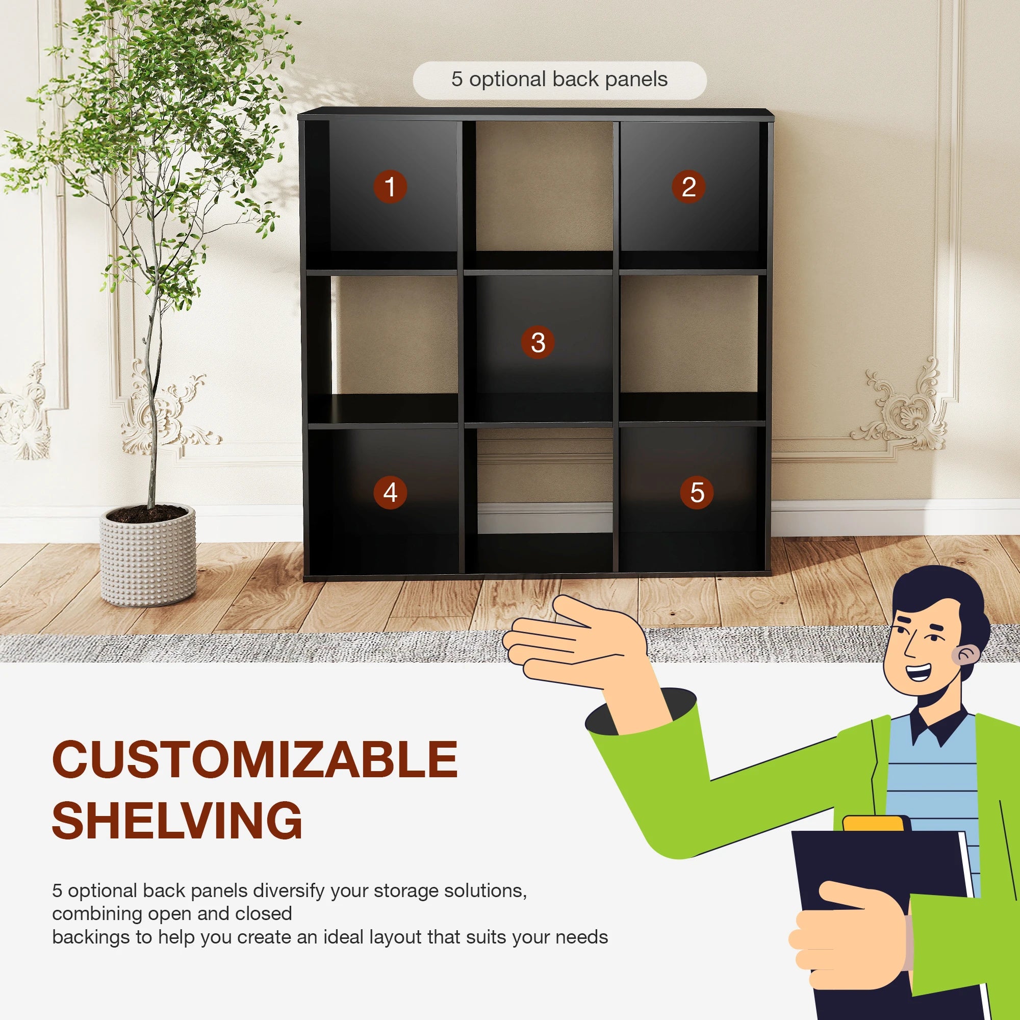 9 Cube Wooden Storage Organizer Shelf – Open Bookcase for Living Room & Home Office