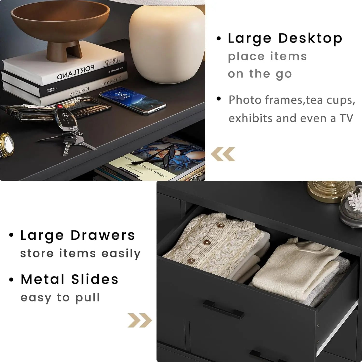 Black 6 Drawer Double Dresser for Bedroom, Wood Storage Tower Clothes Organizer, Wide Chest of 6 Drawers, Large Storage Cabinet