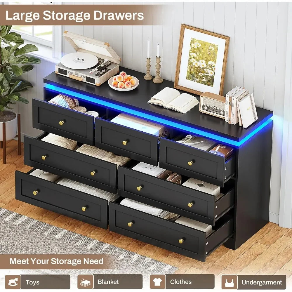 Modern LED-Illuminated 7-Drawer Black Bedroom Dresser with Wide and Long Design