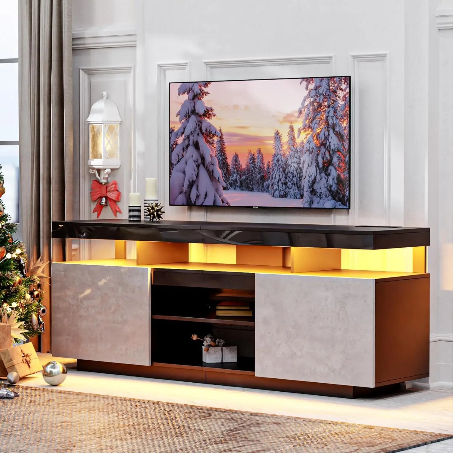 LED TV Stand for 75 Inch TV, Modern Tall Entertainment Center with Power Outlet, Gaming TV Consoles with Storage,