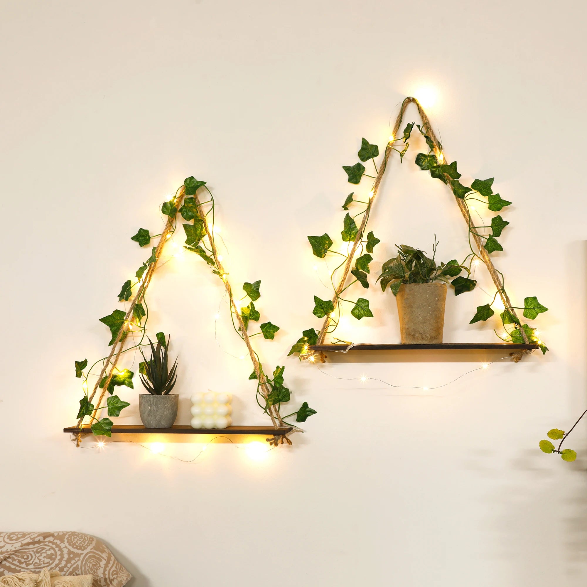 Floating Wall Shelf with Artificial Ivy LED Strip – Boho Style