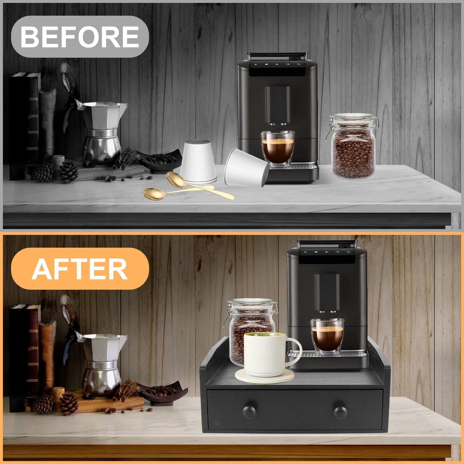 Wooden Coffee Machine Base Drawer – Tea Bag & Capsule Storage Organizer