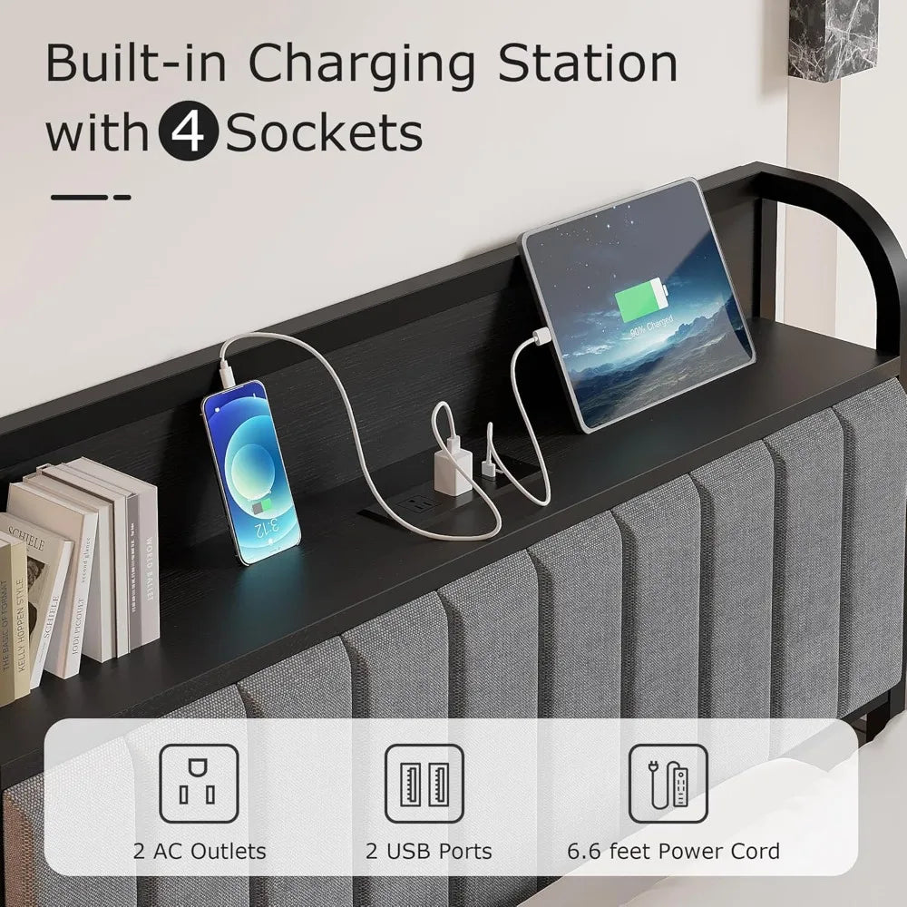 Twin Size Bed Frame with Upholstered Headboard – Heavy-Duty Steel Slats (Grey & Black)