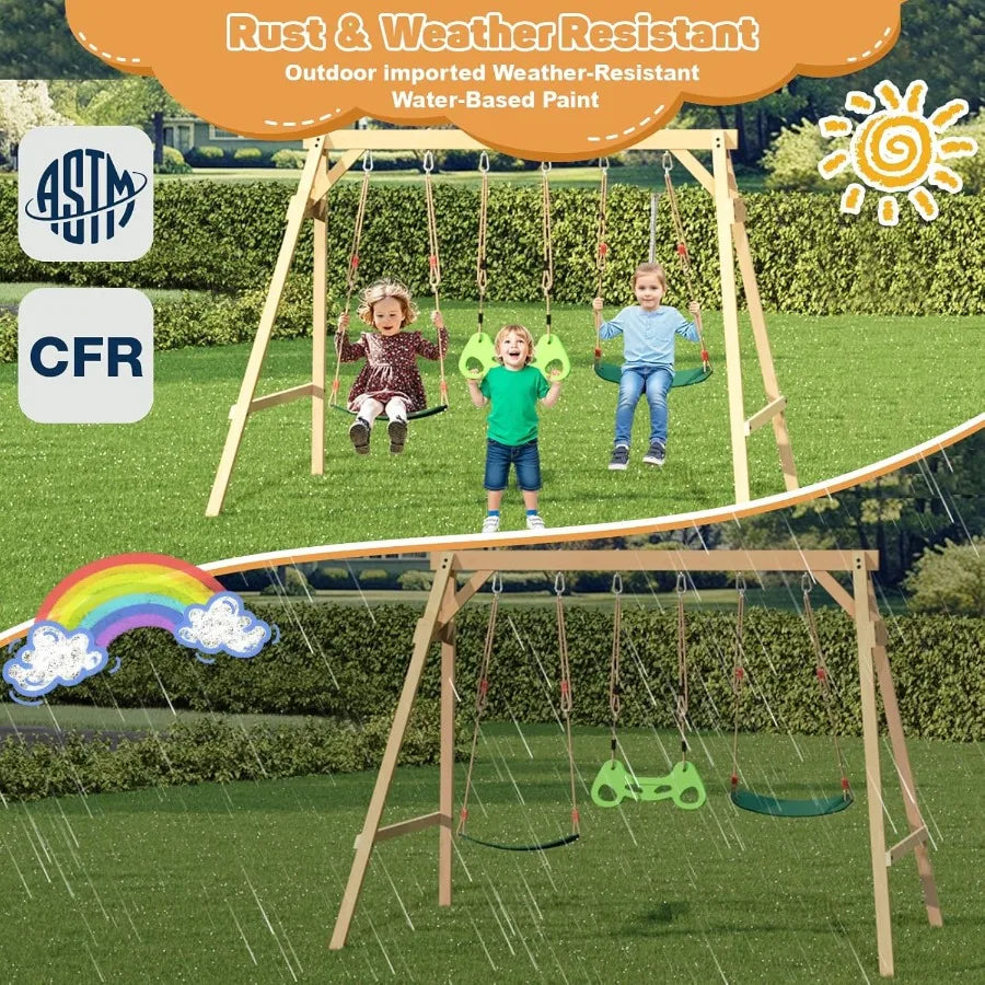 All-Spruce Wooden Swing Set – Backyard Playground with 2 Belt Swings & Trapeze