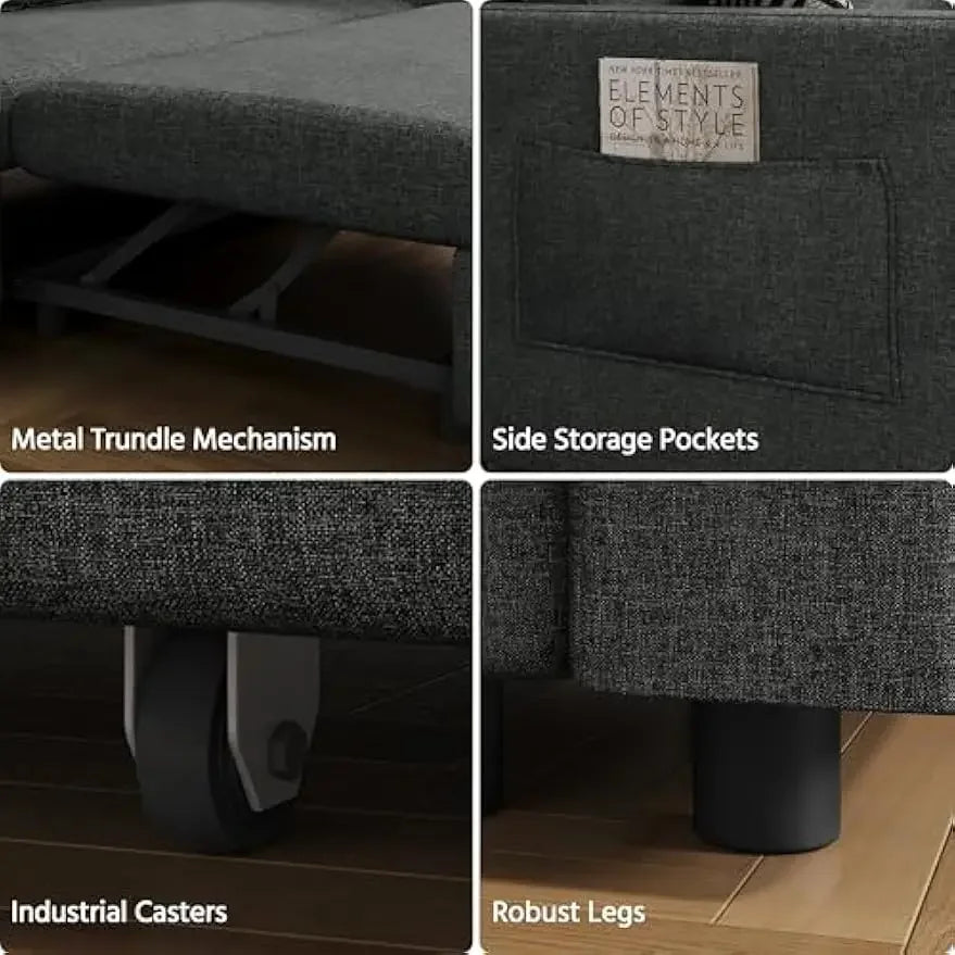 Pull-Out Trundle Bed Sleeper Sofa Convertible Couch for LimitedLiving Room Bedroom Guest Room Dark Gray 55.5 in