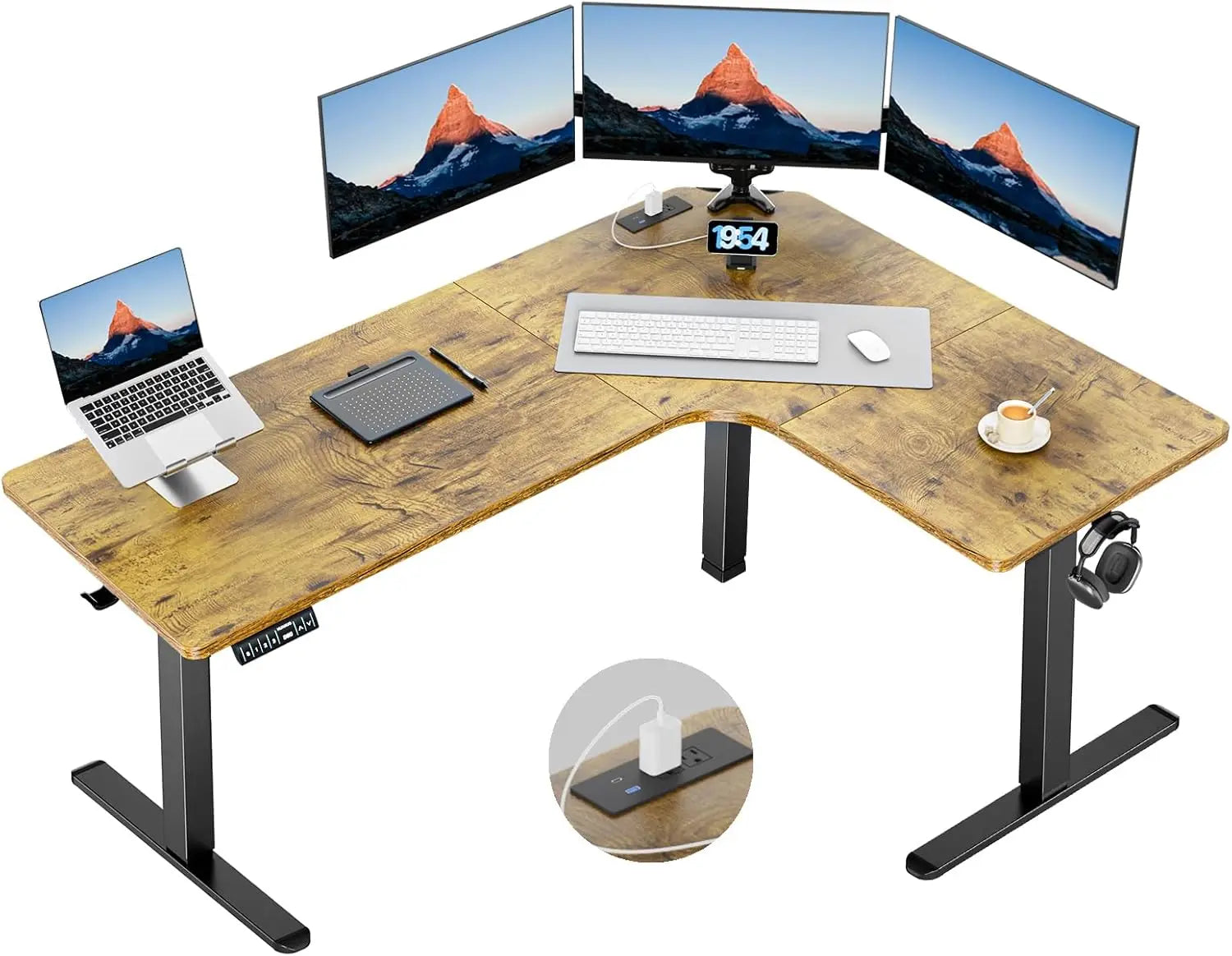 63″ Dual Motor L-Shaped Standing Desk, Built-in Power Outlets, Electric Height Adjustable Corner Computer Desk, Large Pow