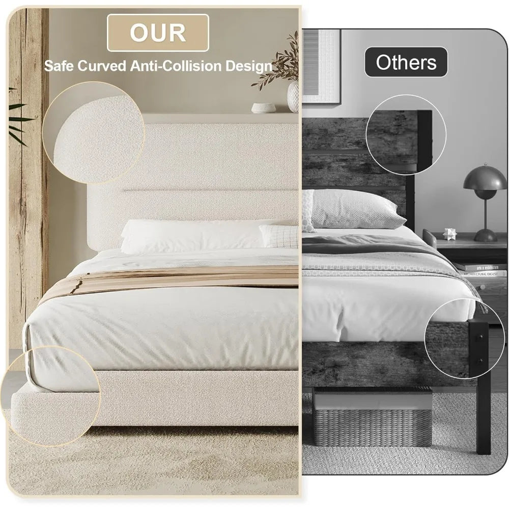 King Size Upholstered Bouclé Bed Frame – Soft Cloud Bed with Headboard & Thickened Footboard