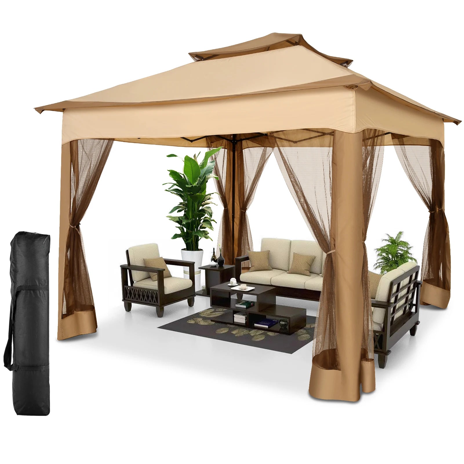 11x11 Pop Up Gazebo One-Push Canopy Tent with Mosquito Nettings, 10x10 Outdoor Canopy Shelter with Double Roof Ventiation