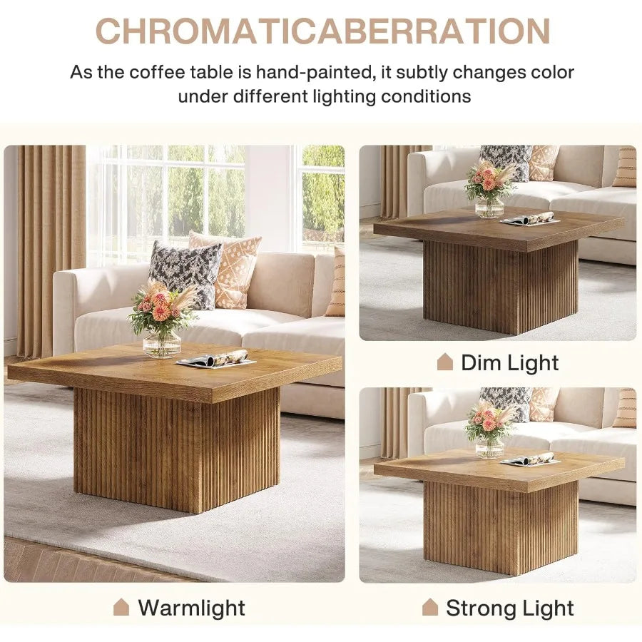 31.5-Inch Fluted Square Coffee Table – Mid-Century Modern Center Table for Living Room & Cocktail Use