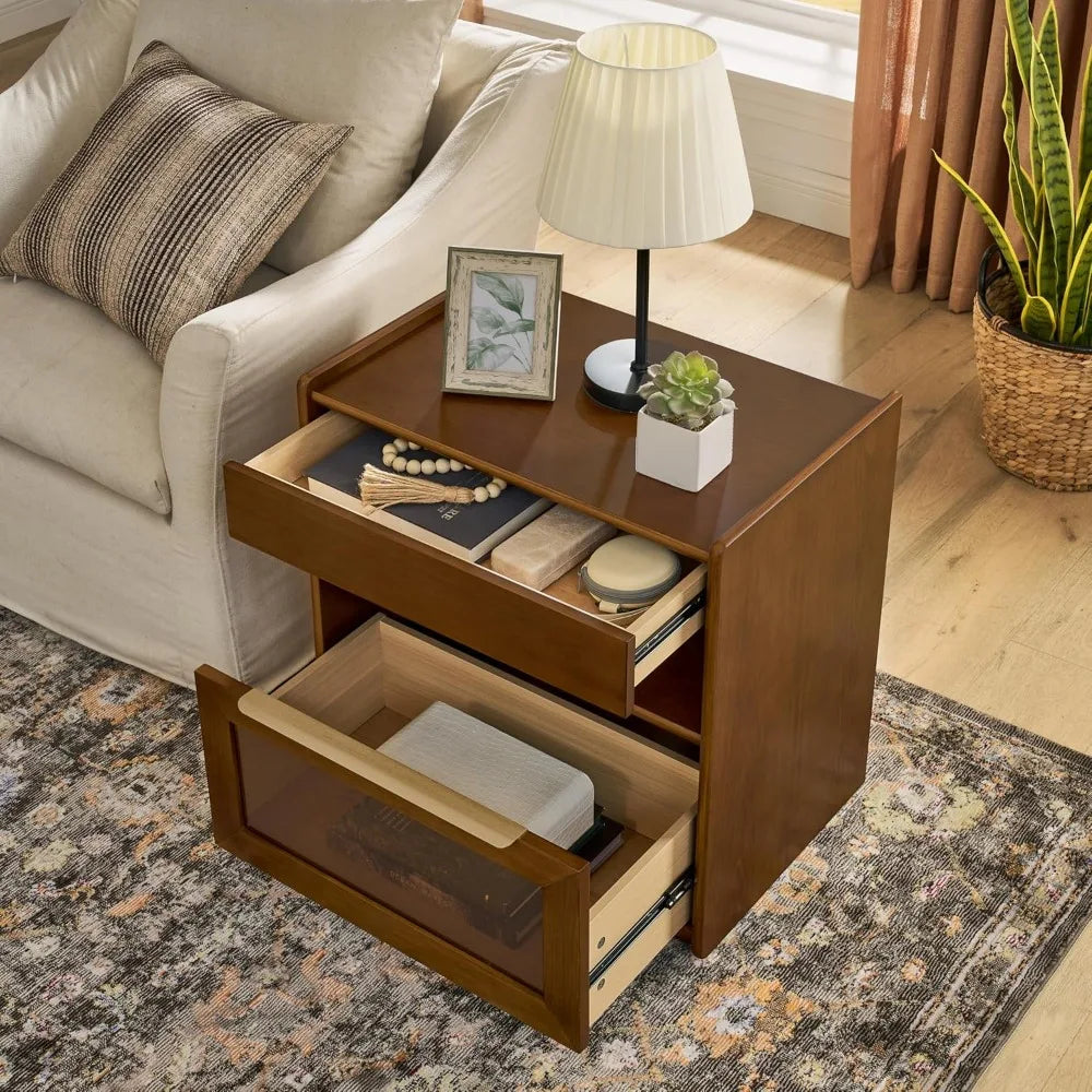 Mid-Century Modern Nightstand with Integrated Charger Station and Outlet Access, Glass-Front Drawers Wood Side Table for Bedroom