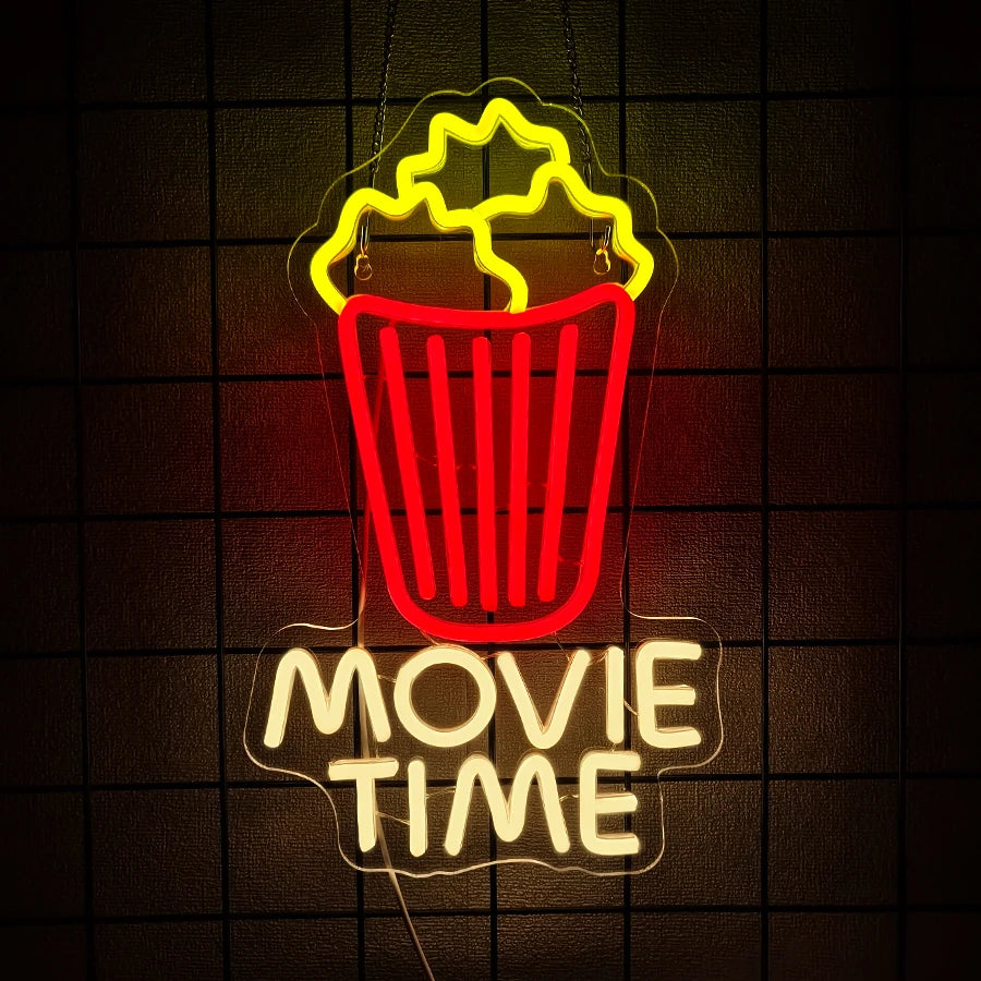 Movie Time Neon Sign Popcorn Cinema LED Light USB Powered Neon for Wall Decor Film Cinema Room Party Man Cave