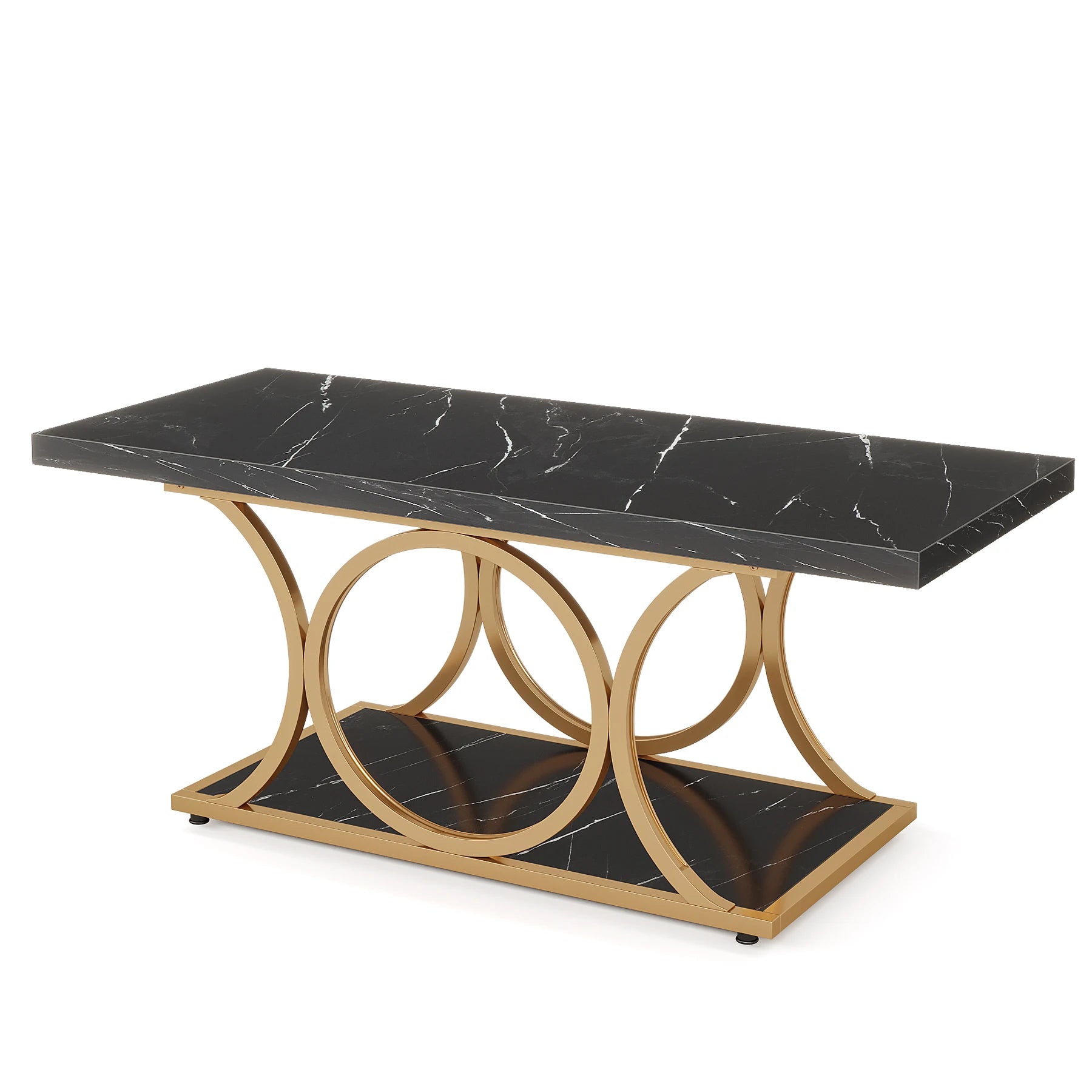Rectangular Modern Coffee Table – 47.24” 2-Tier Faux Marble & Wood Center Table