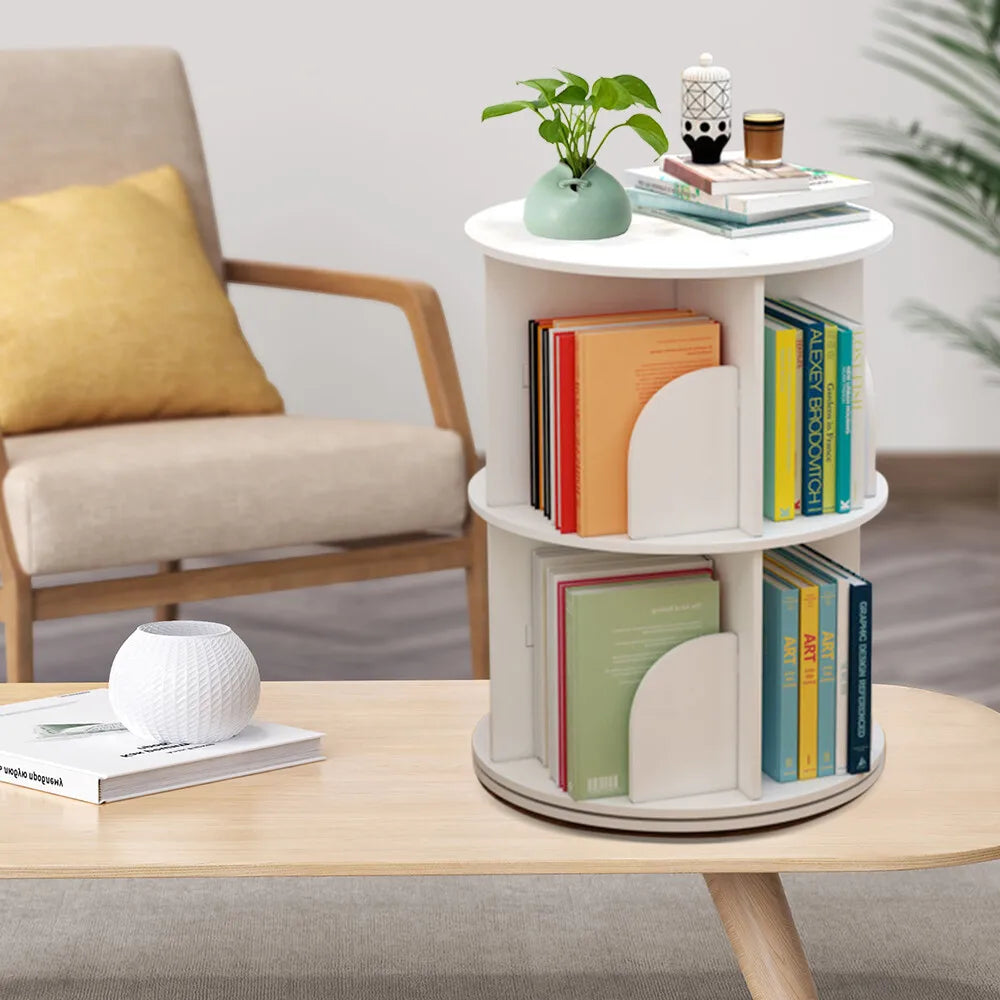 2-Tier Rotating Bookshelf – 360° Floor-Standing Display Bookcase