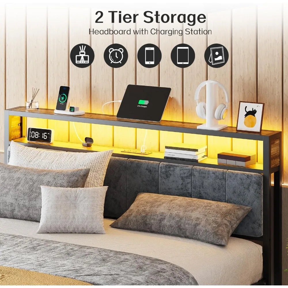 Metal Queen Bed Frame with LED Headboard – 2-Tier Storage & Type-C Charging Station