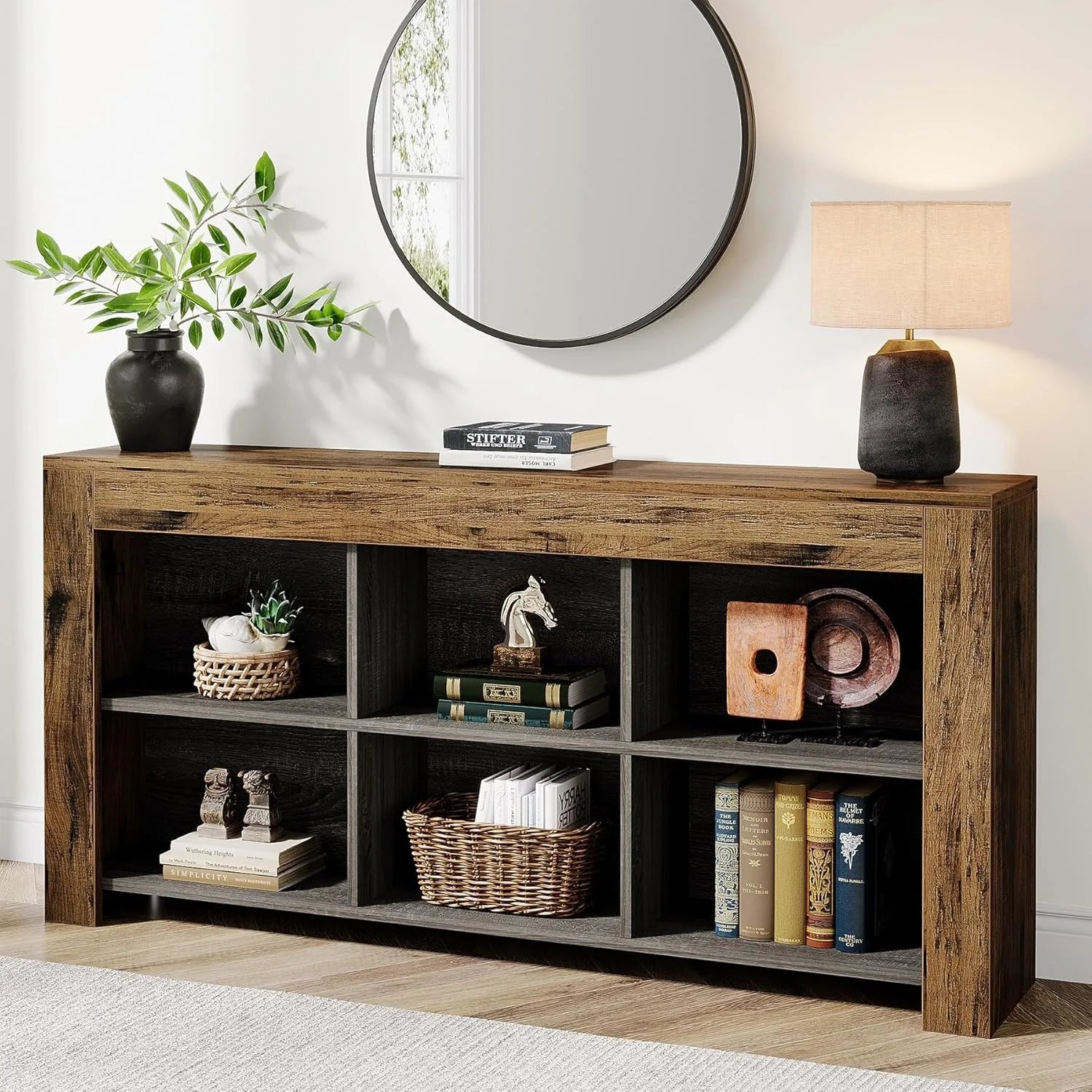 63-Inch Long Console Table,Entryway Table with 6 Storage Cubes,Sofa Table Behind Couch Table for Living Room