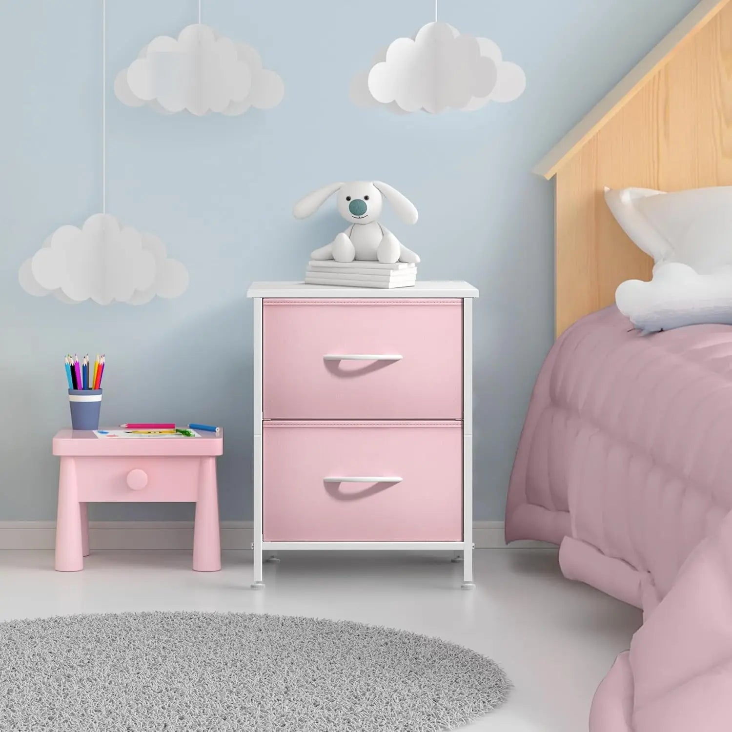 Sorbus Nightstand with 2 Drawers - Kids Bedside Furniture End Table Night Stand - Steel Frame, Wood Top & Easy Pull Fabric Bins