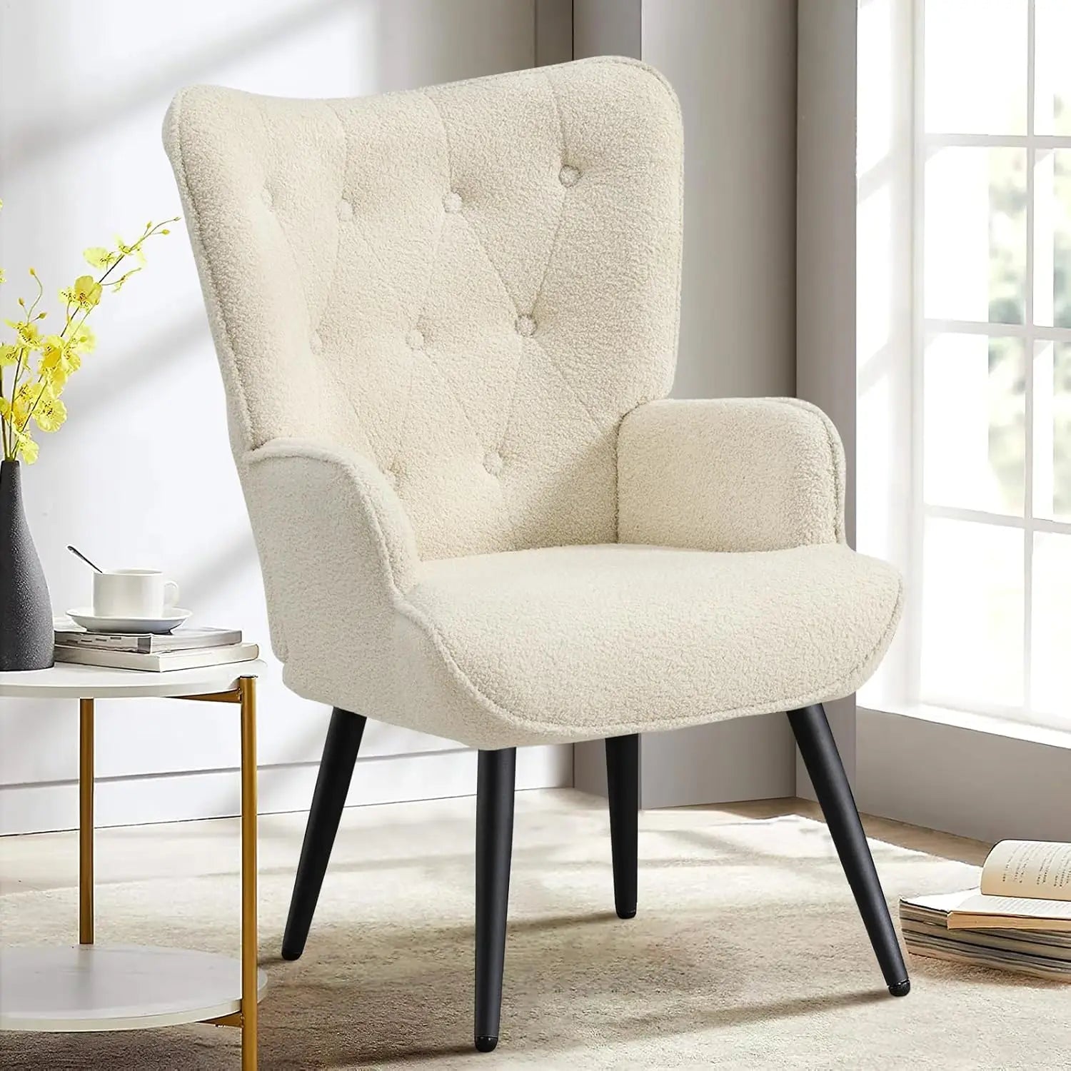 Bouclé Accent Chair – High-Back Tufted Wingback Reading Armchair