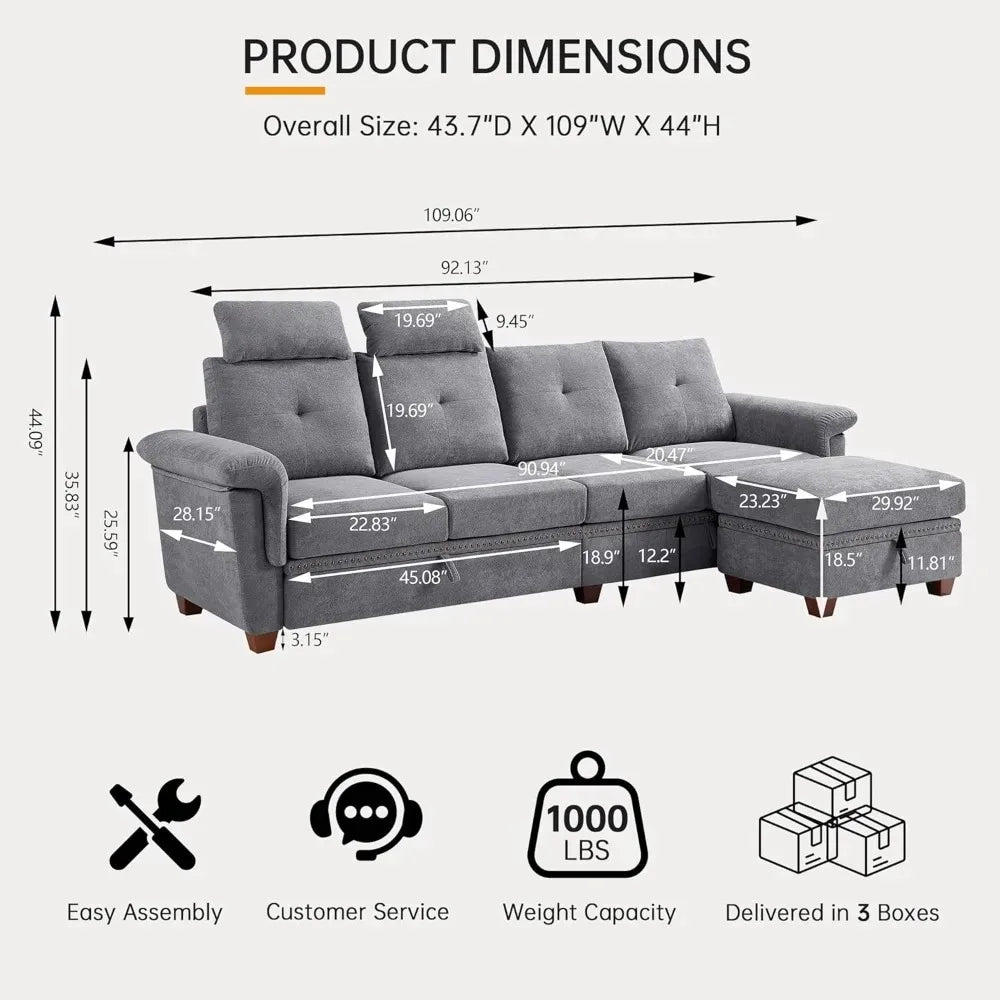4 Seat L Shaped Convertible Sofa with Storage Chaise And Cup Holder Modern Microfiber Fabric Couch for Living Room