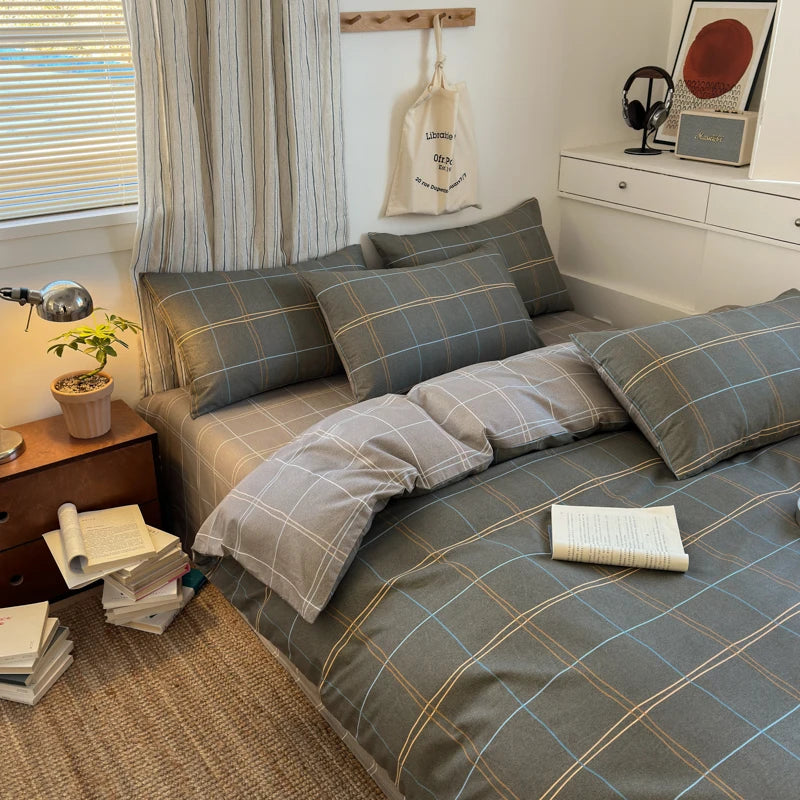 Cotton Plaid Duvet Cover Set – Soft & Breathable Bedding (2 Pillowcases)