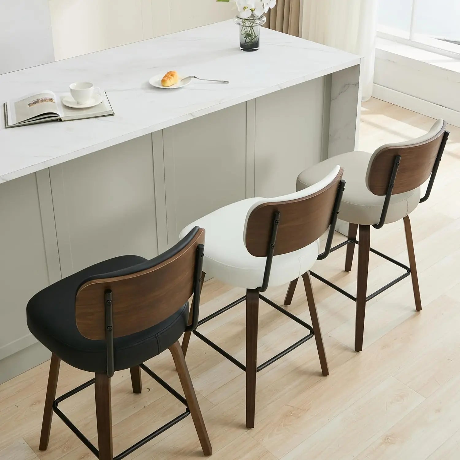 Swivel Counter-Height Bar Stools with Back – Faux Leather, Walnut Legs (Black)
