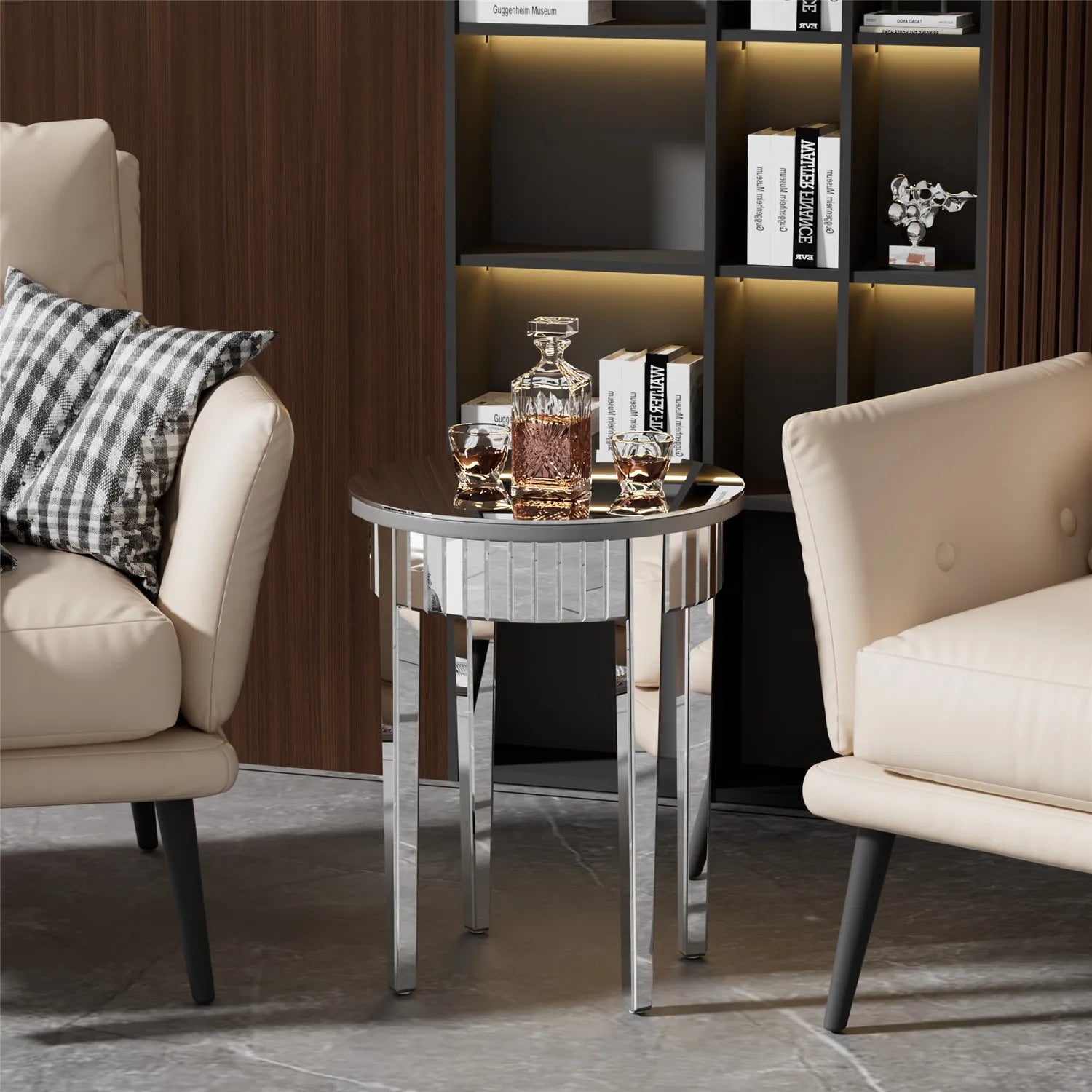 Round Side Table Mirrored, 2-Tier Modern Small Sofa Table with Storage, Silver Accent Table for Living Room