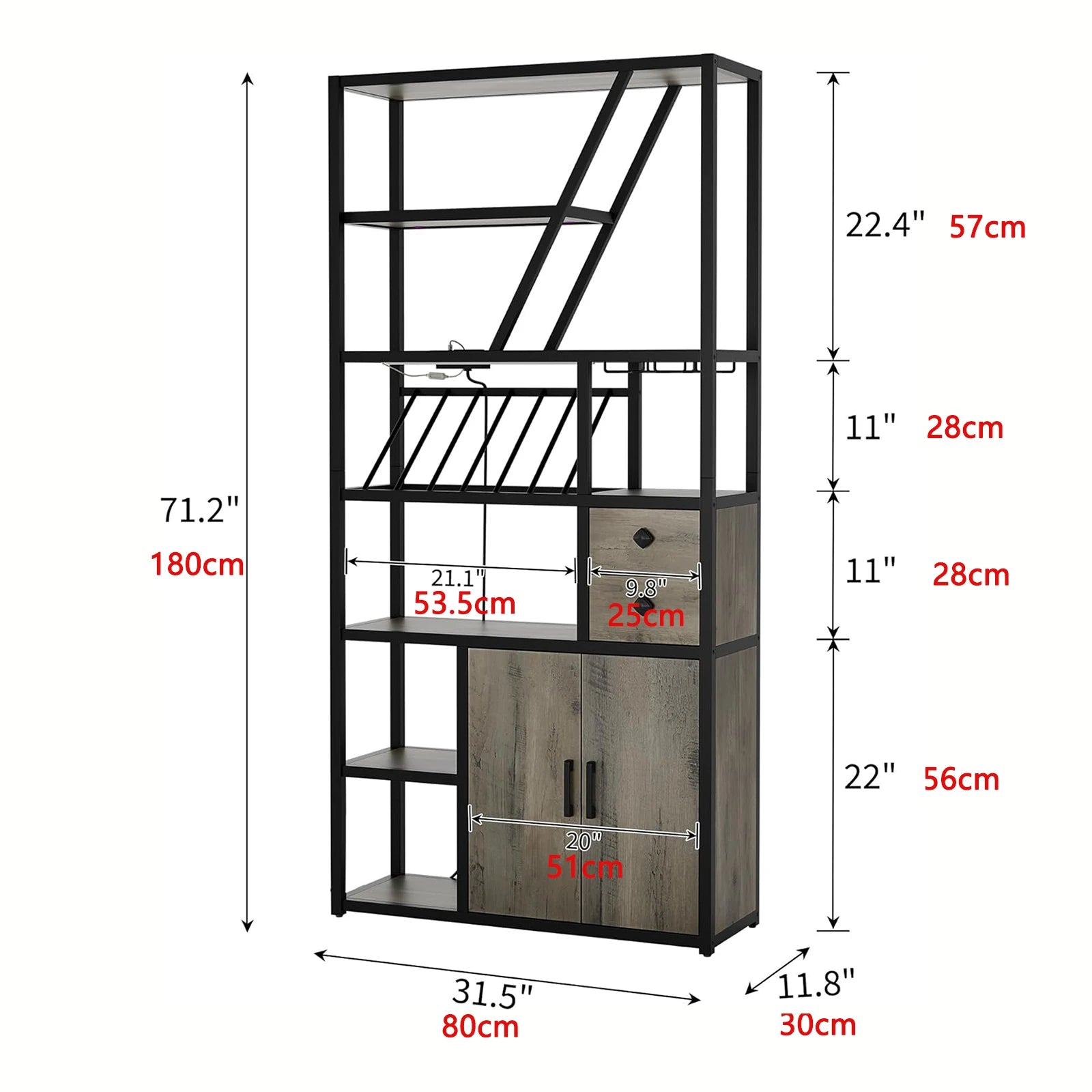 Freestanding Bar Cabinet – Wine Rack Liquor Stand with Glass Holder & LED Lights