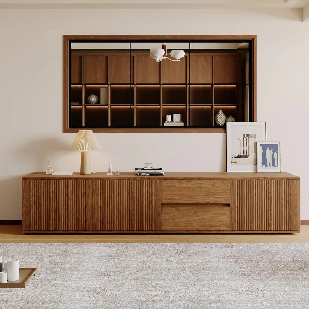 Mid-Century Modern TV Stand, 79" Fluted Door Entertainment Center with Storage, Brown Wood TV Console, Farmhouse Media Console