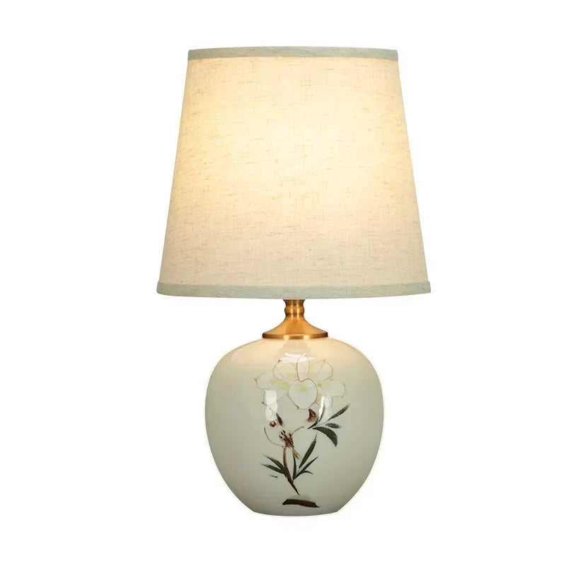 ELARA Ceramic Table Lamps Chinese for Bedside Modern White LED Dimming Desk Light For Home Living Bedroom Decor