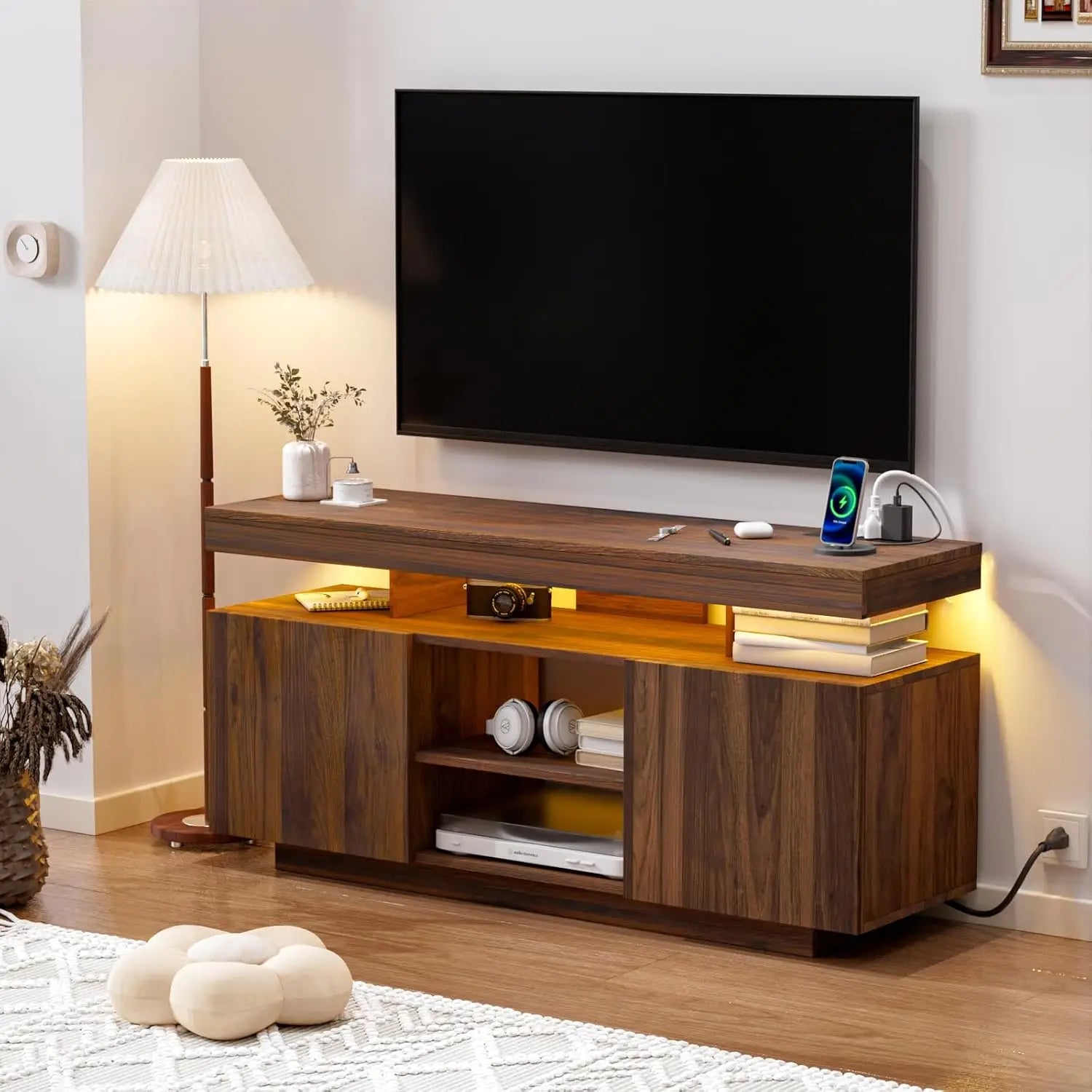 LED TV Stand for 75 Inch TV, Modern Tall Entertainment Center with Power Outlet, Gaming TV Consoles with Storage,