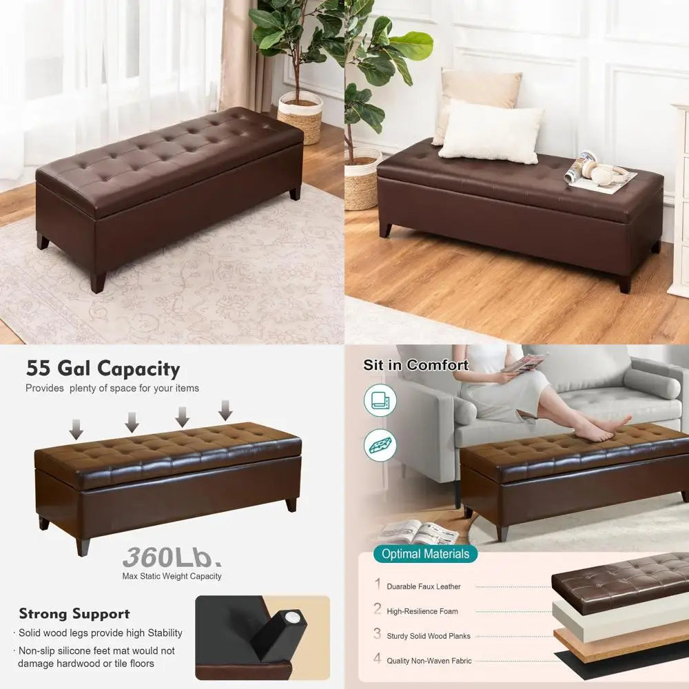 Tufted Leather Storage Ottoman Bench – 51″ Dark Brown