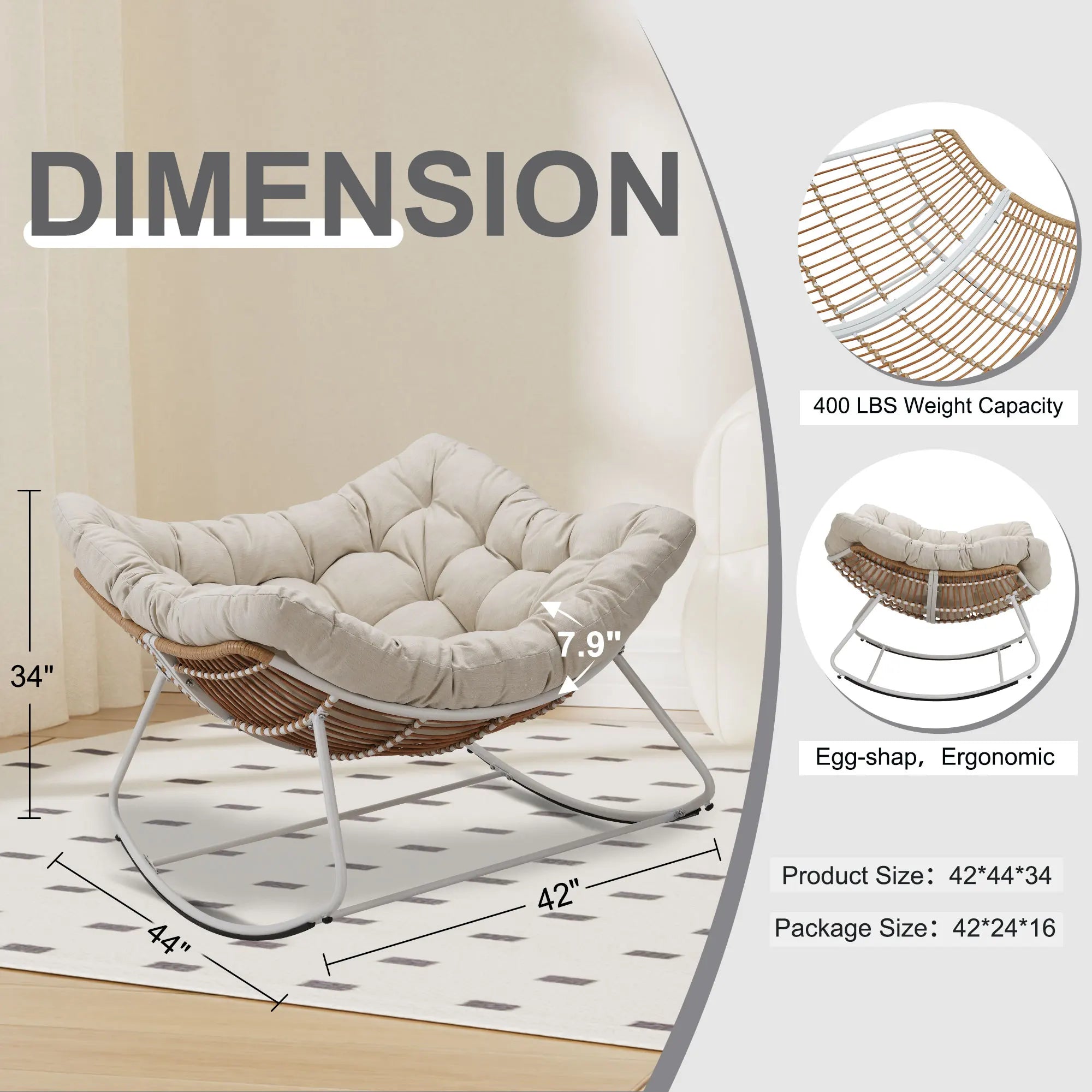 Wicker Egg Rocking Chair – Oversized Papasan Chair with Padded Cushion